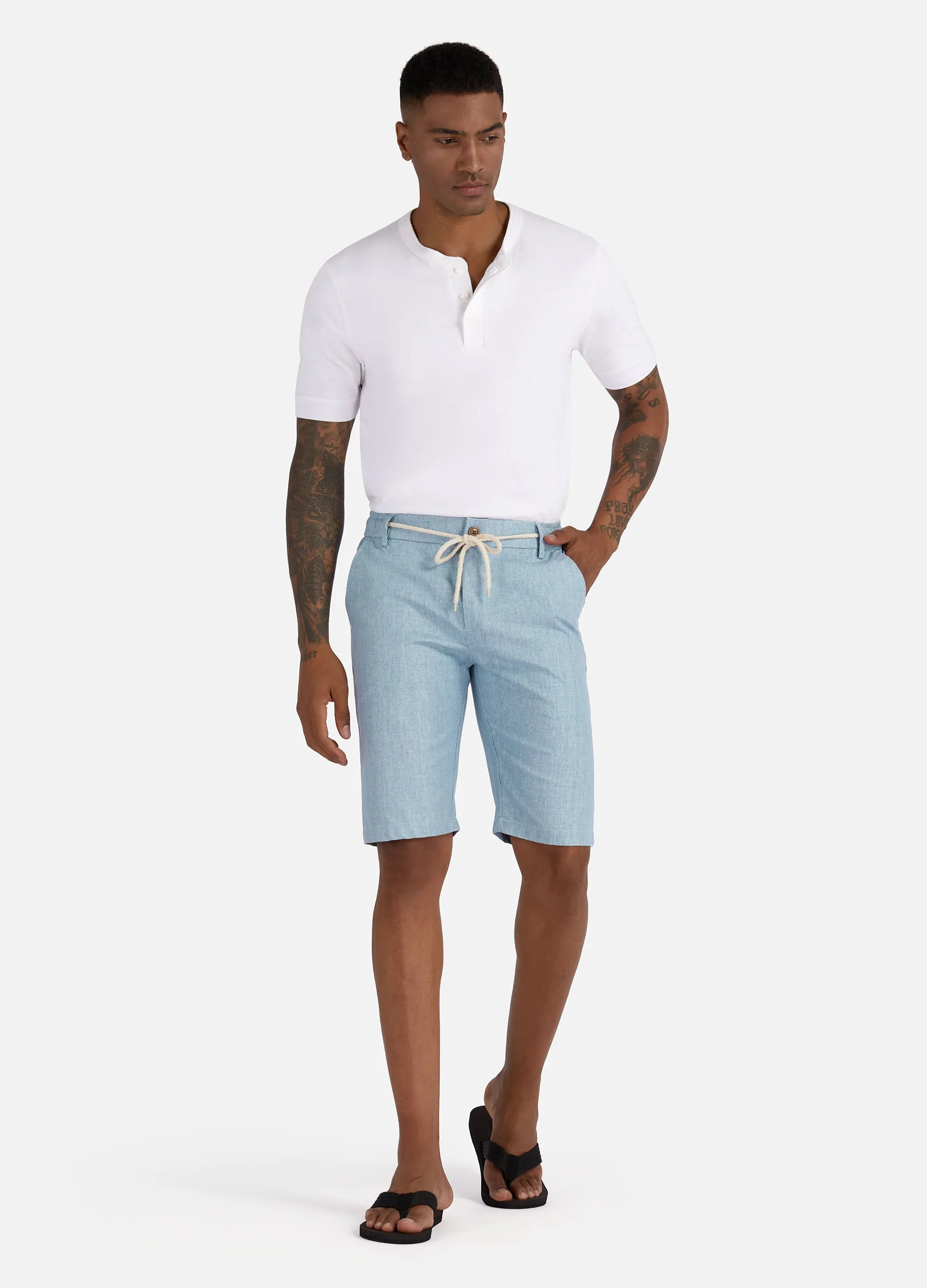 1PA1 Men's Cotton Linen Flat Front Shorts Drawstring Elastic Waist Beach Shorts(Clearance)