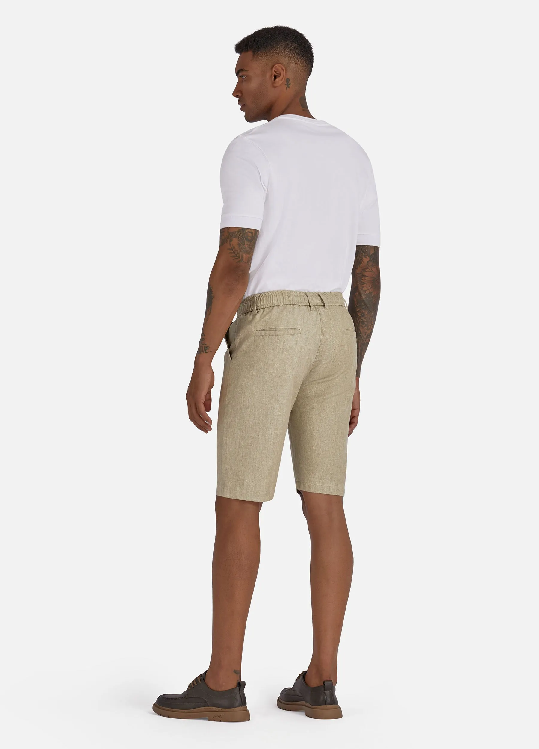 1PA1 Men's Cotton Linen Flat Front Shorts Drawstring Elastic Waist Beach Shorts(Clearance)