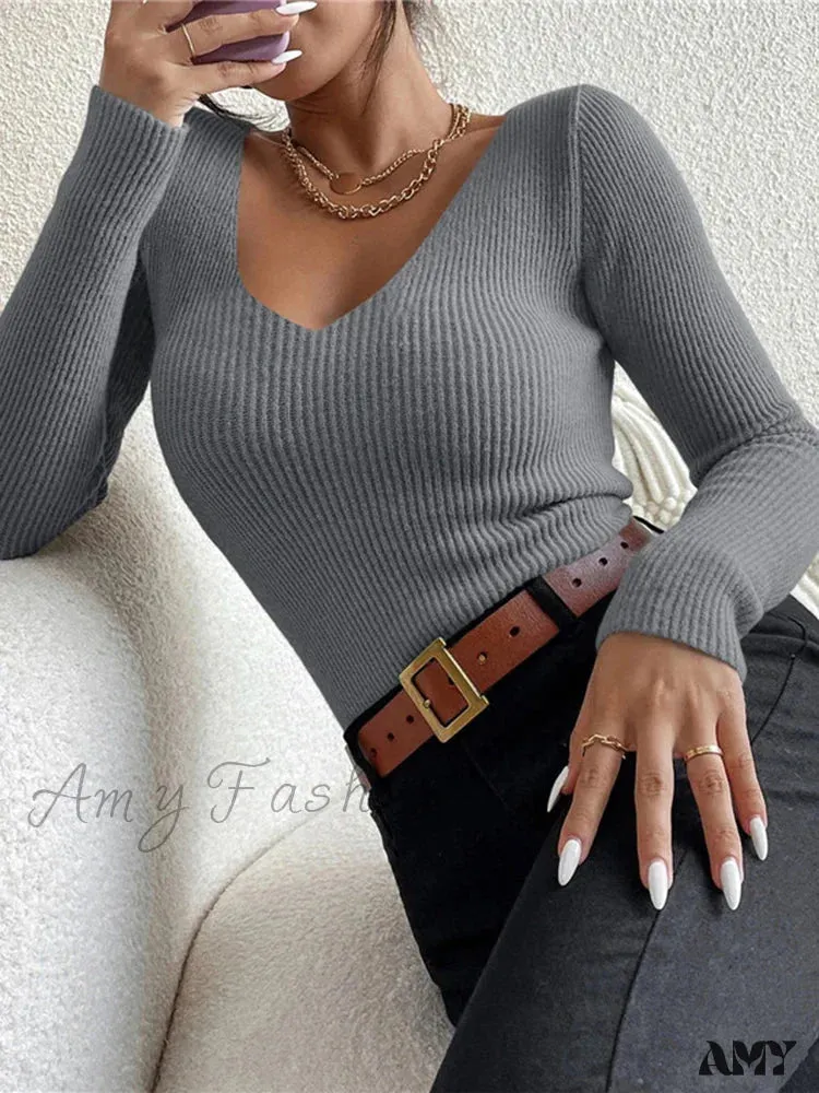 2024 Autumn Winter Women Solid Rib Knit V Neck Stripe Pull Femme Y2K Long Sleeve Fashion Tops Cozy Sweater