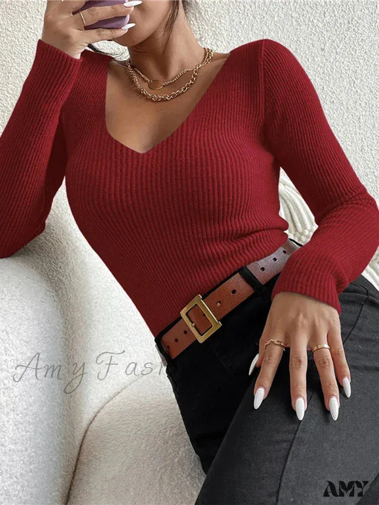 2024 Autumn Winter Women Solid Rib Knit V Neck Stripe Pull Femme Y2K Long Sleeve Fashion Tops Cozy Sweater