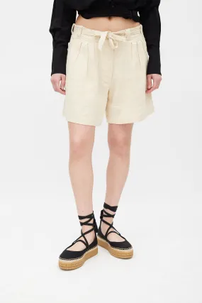 Beige Linen Cotton & Silk Textured Tie Waist Shorts