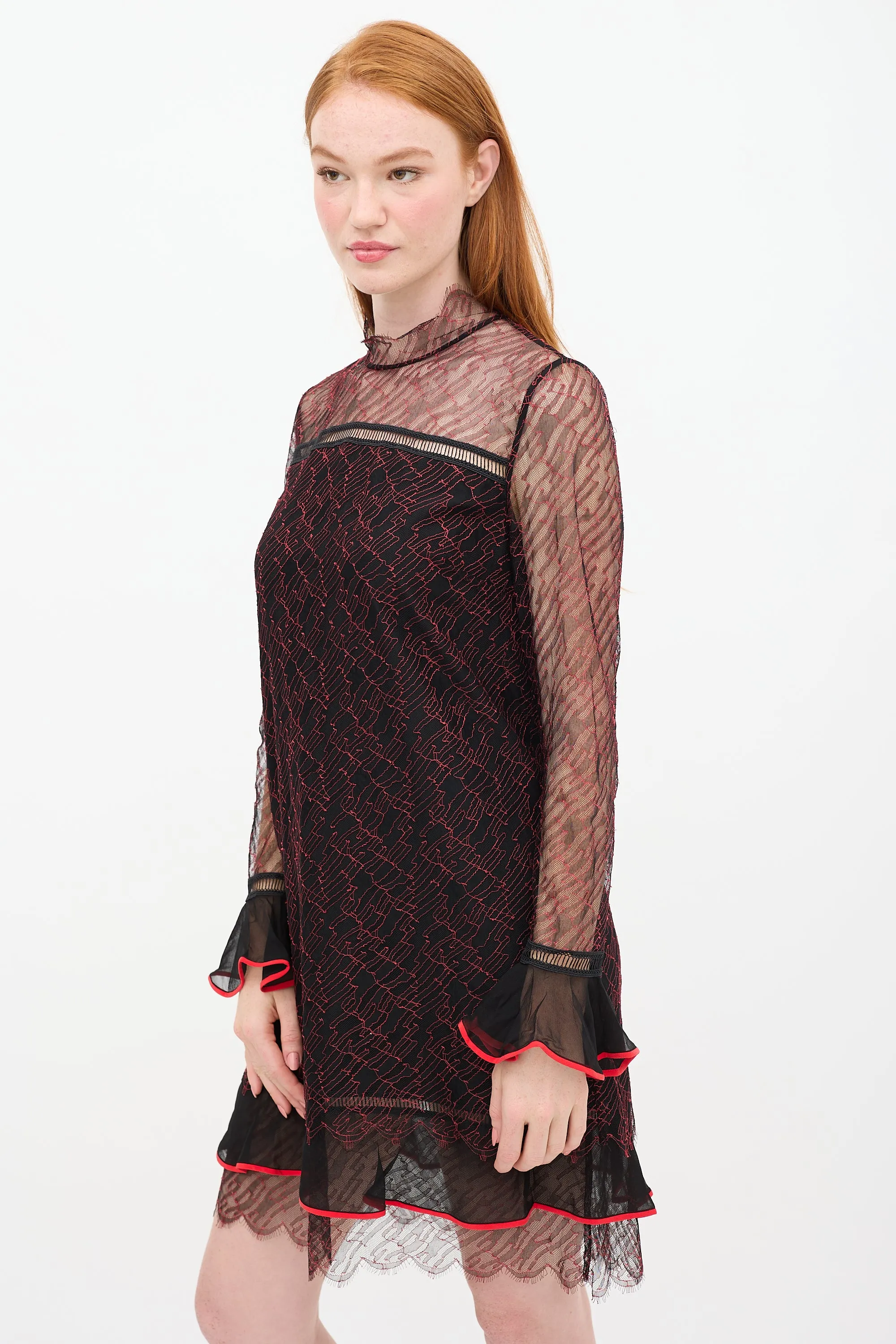Black & Red Silk Lace Shift Dress