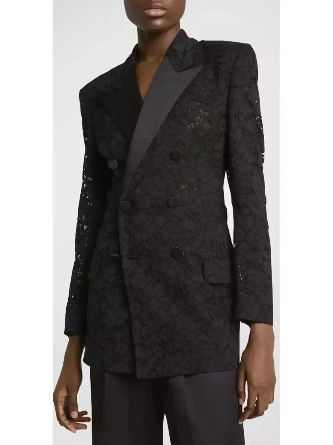 Black Double-Breasted Satin Trimmed Lace Blazer