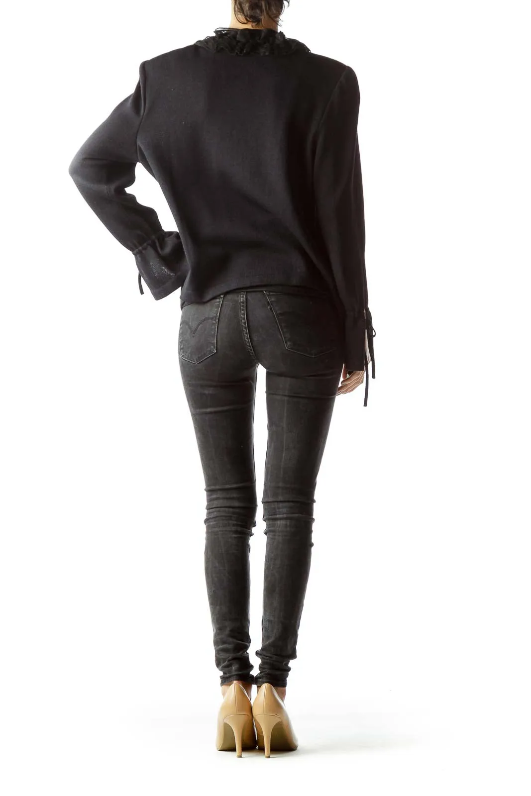 Black Ruffled Long Sleeve Knit Cardigan