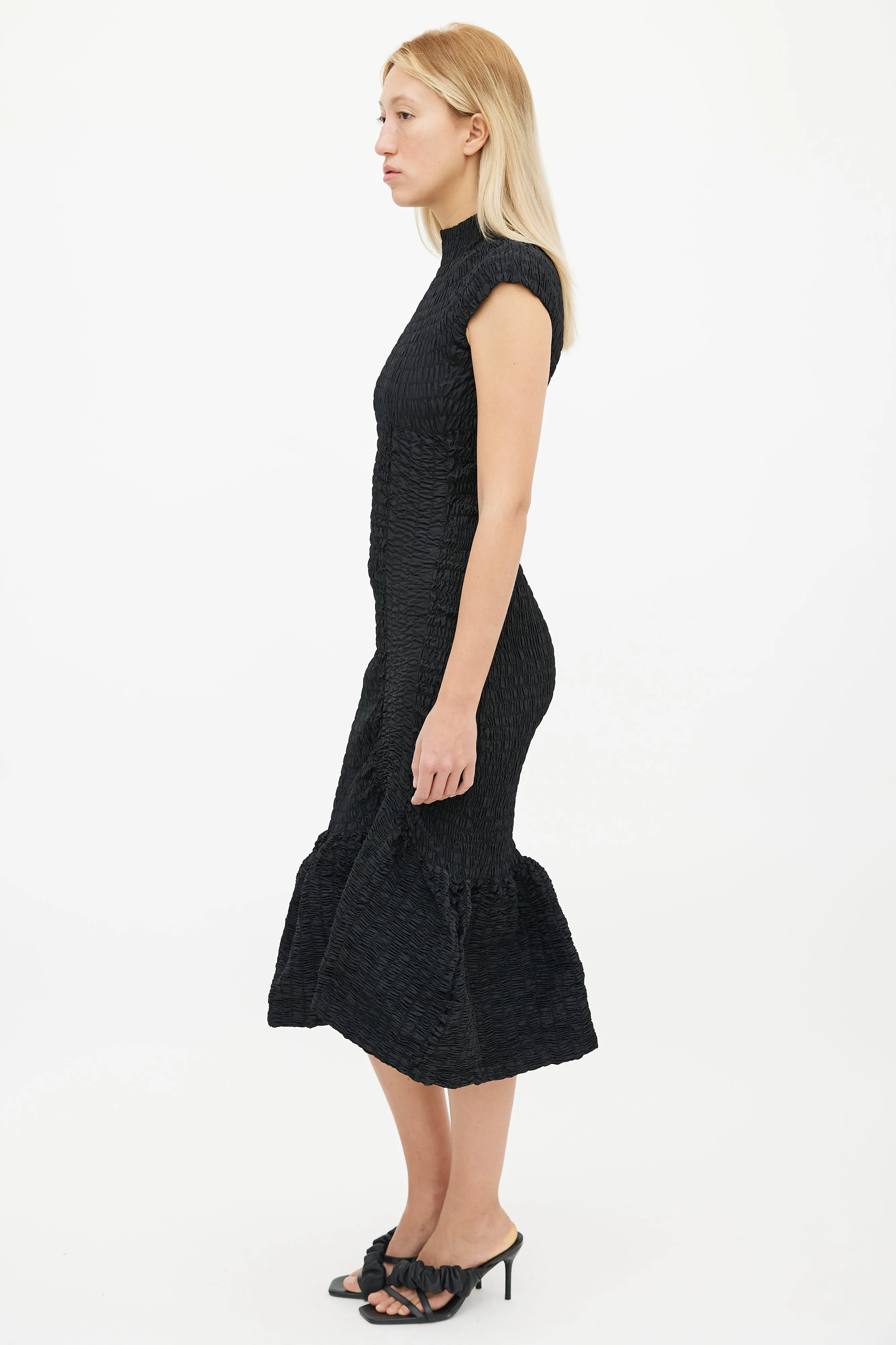 Black Smocked High Mock Neck Mermaid Dress