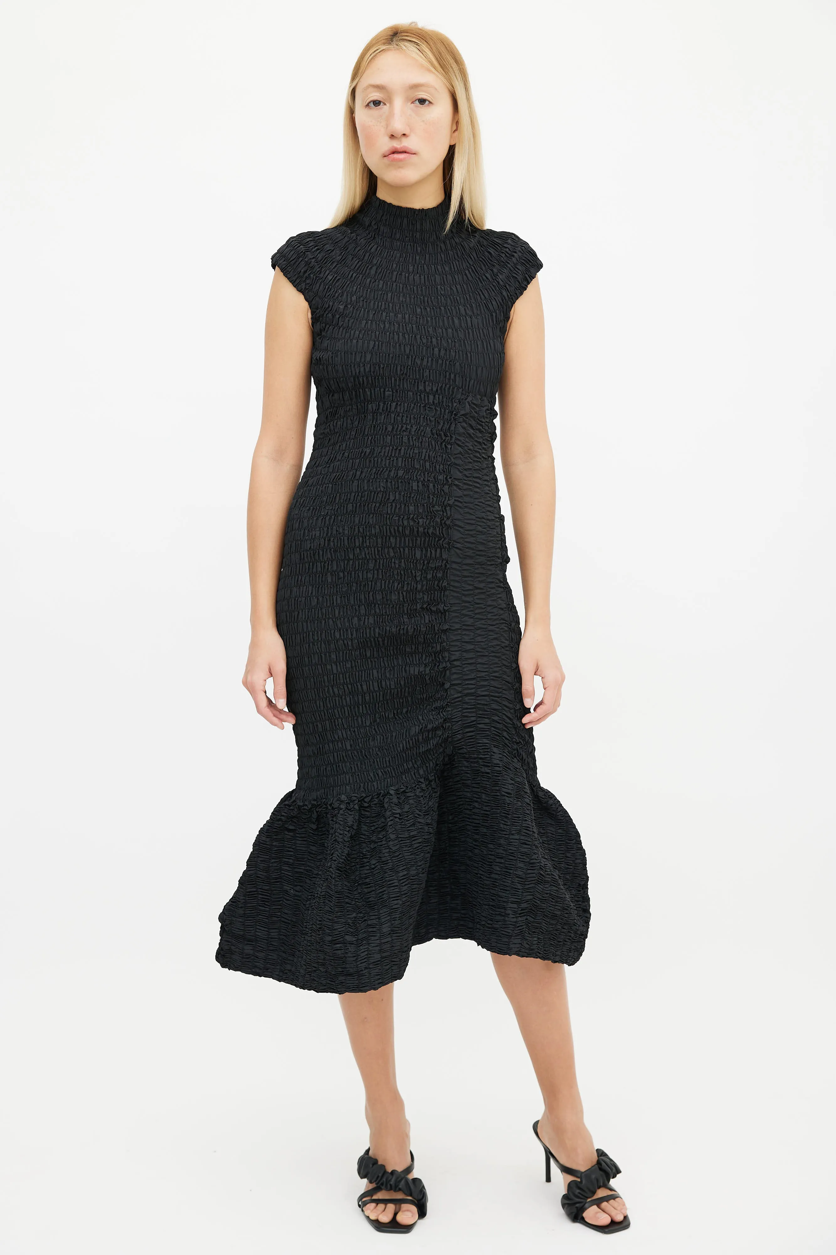 Black Smocked High Mock Neck Mermaid Dress