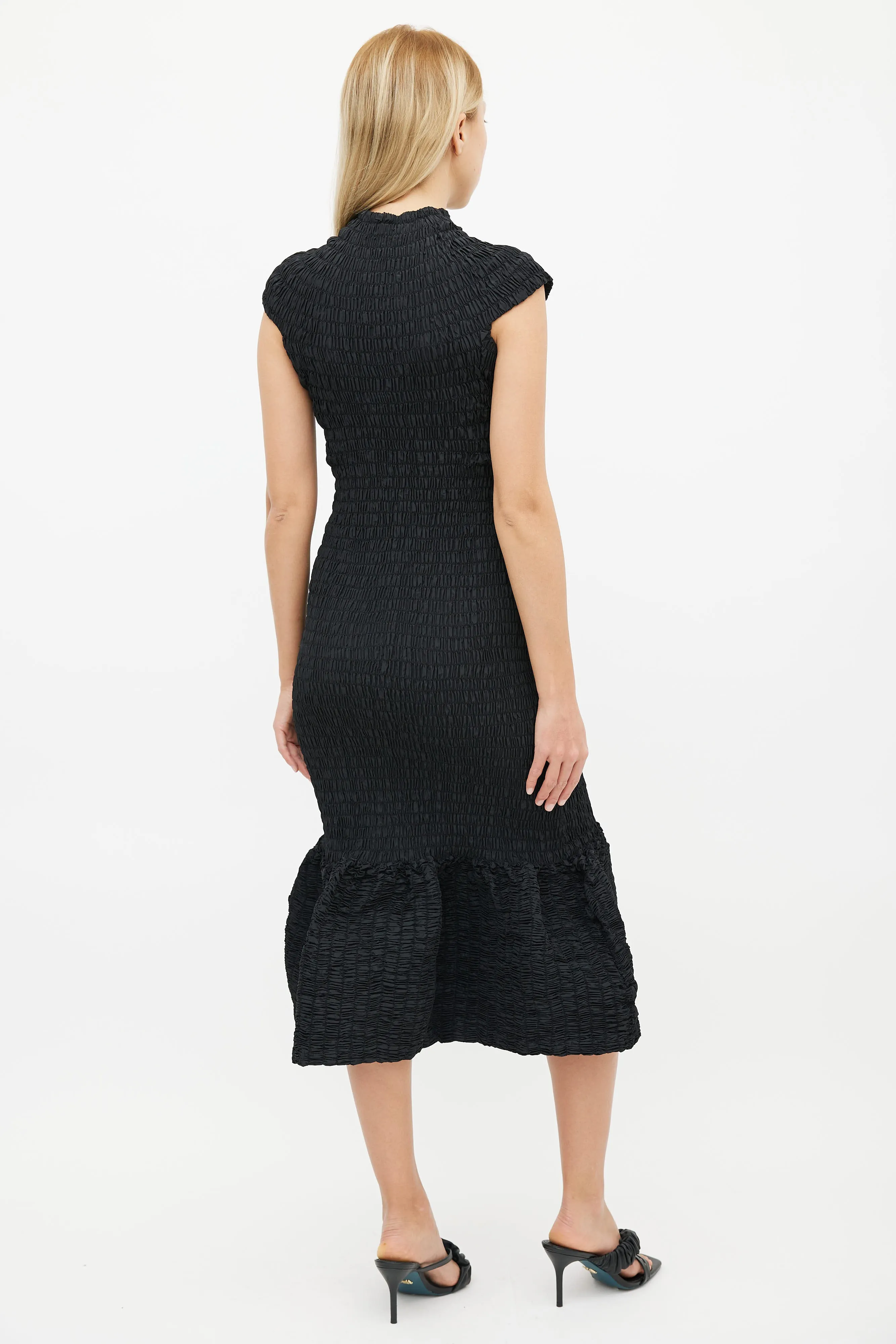 Black Smocked High Mock Neck Mermaid Dress