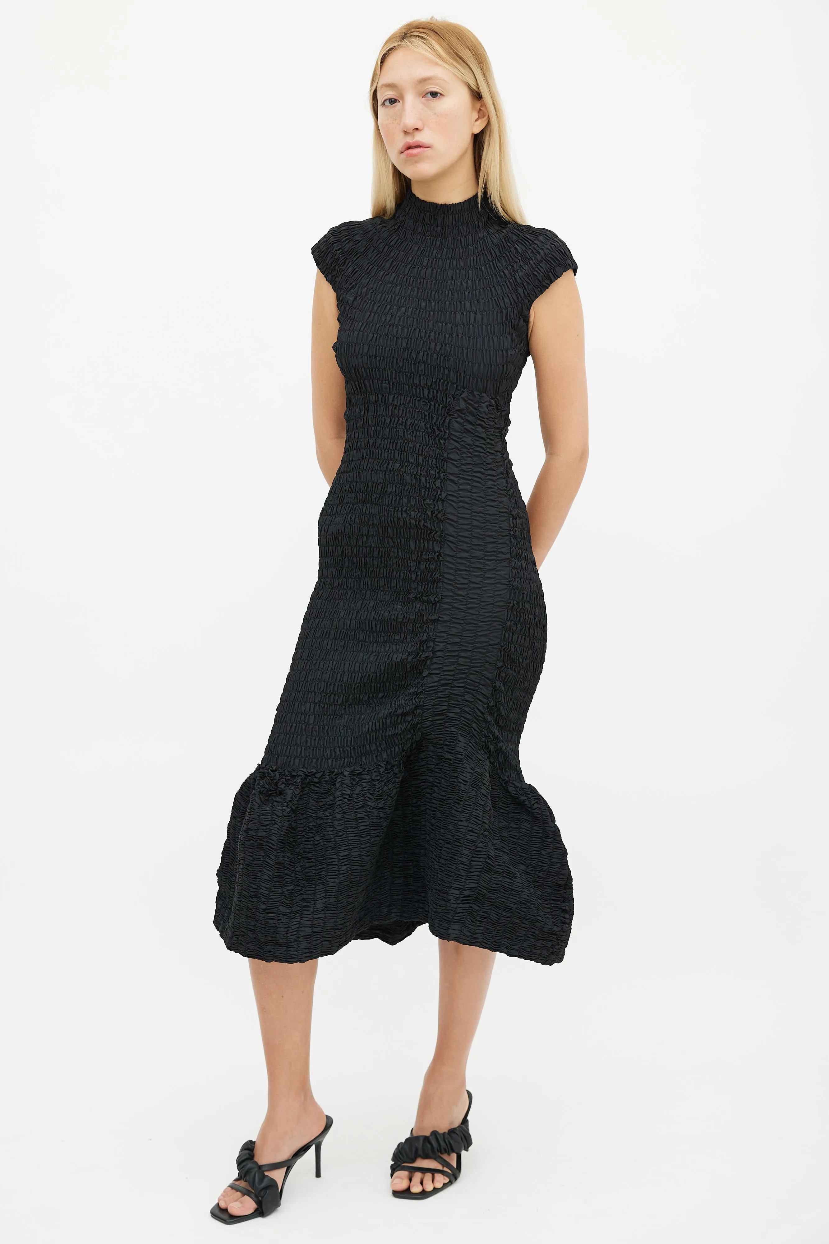 Black Smocked High Mock Neck Mermaid Dress