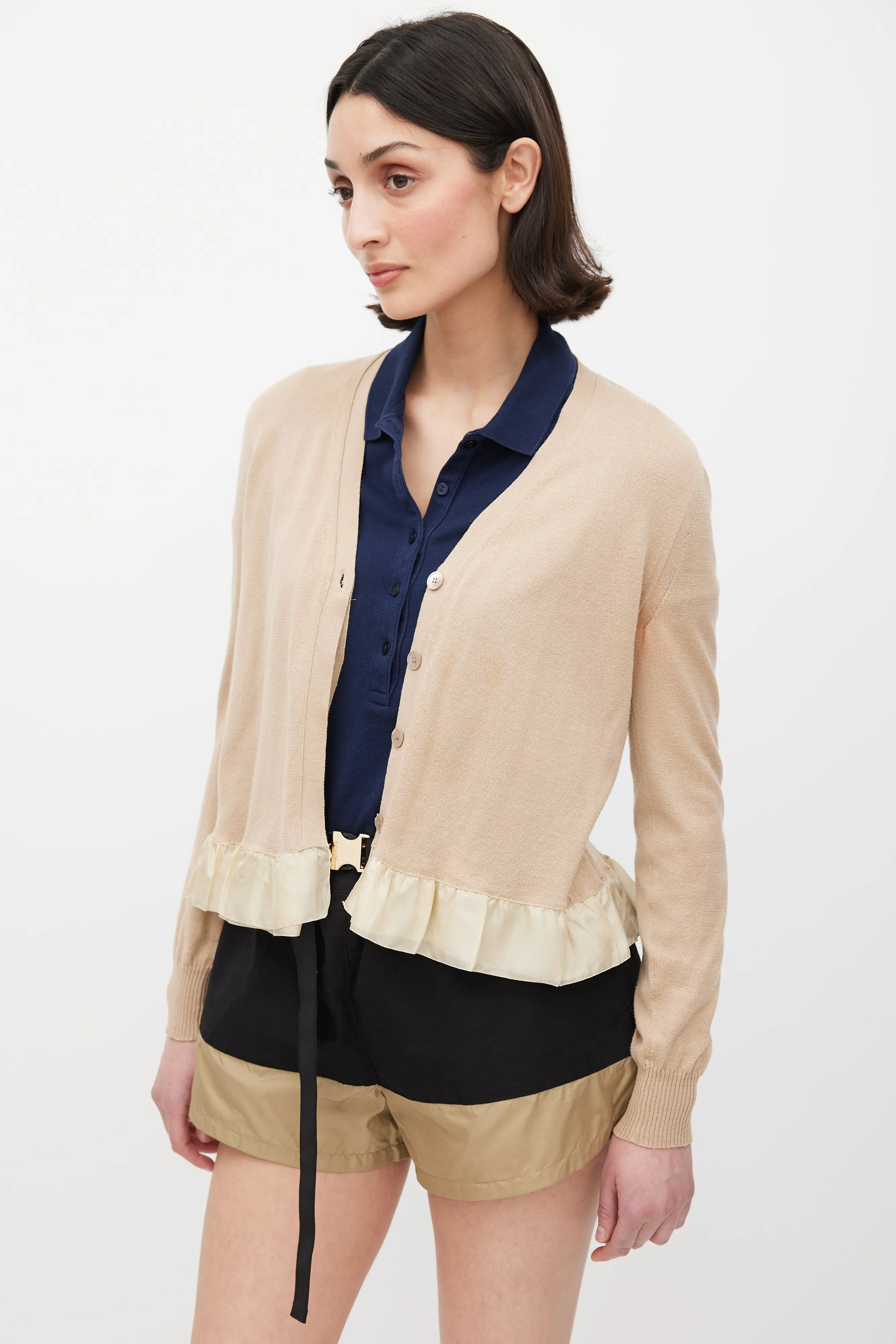 Brown Ruffled Knit Cardigan