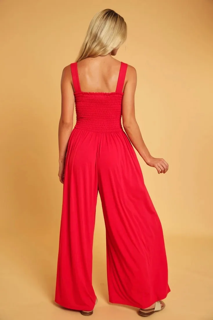 Casual Smocked Wide Leg Red Jumpsuit