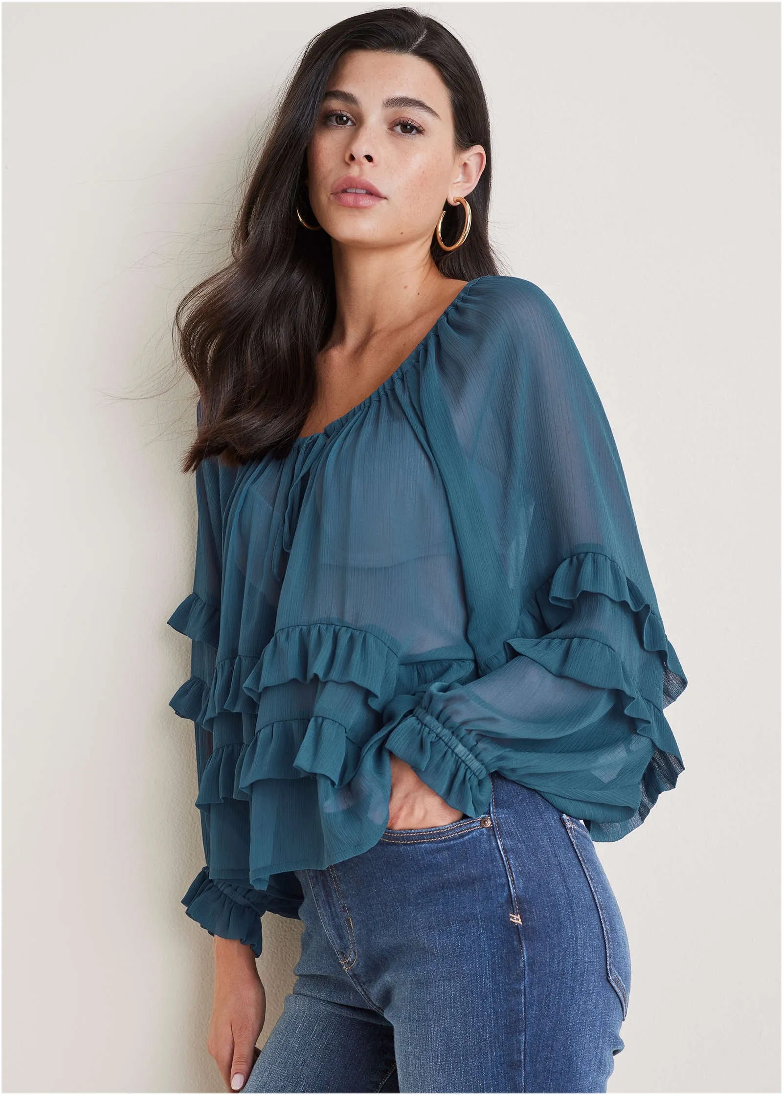 Chiffon Ruffled Blouse - Navy