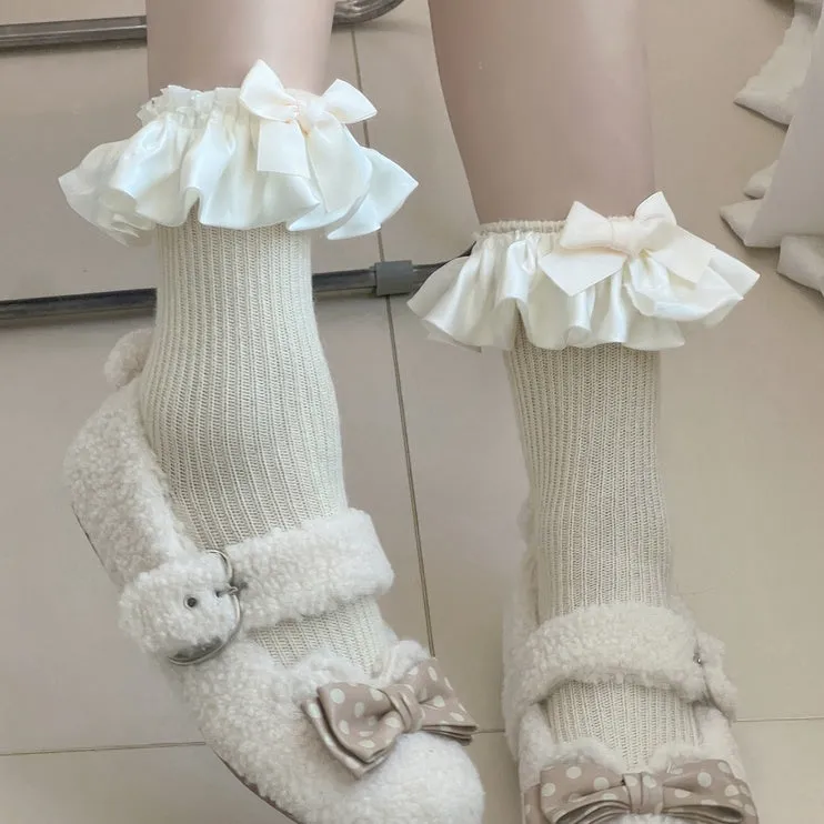 Coffee Sweet Bowknot Ruffled Cuff Calf Socks