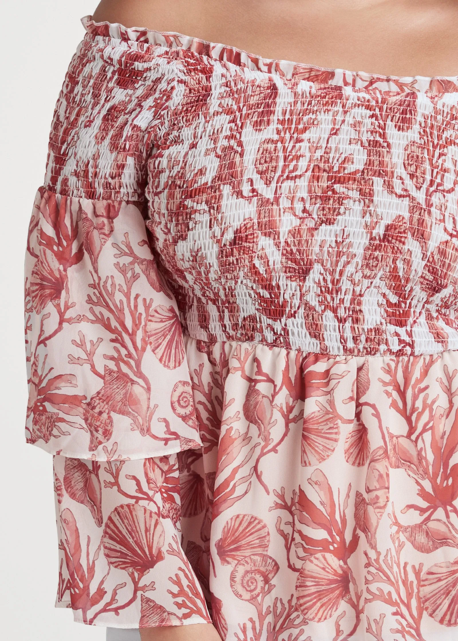 Coral Reef Smocked Top - White & Coral