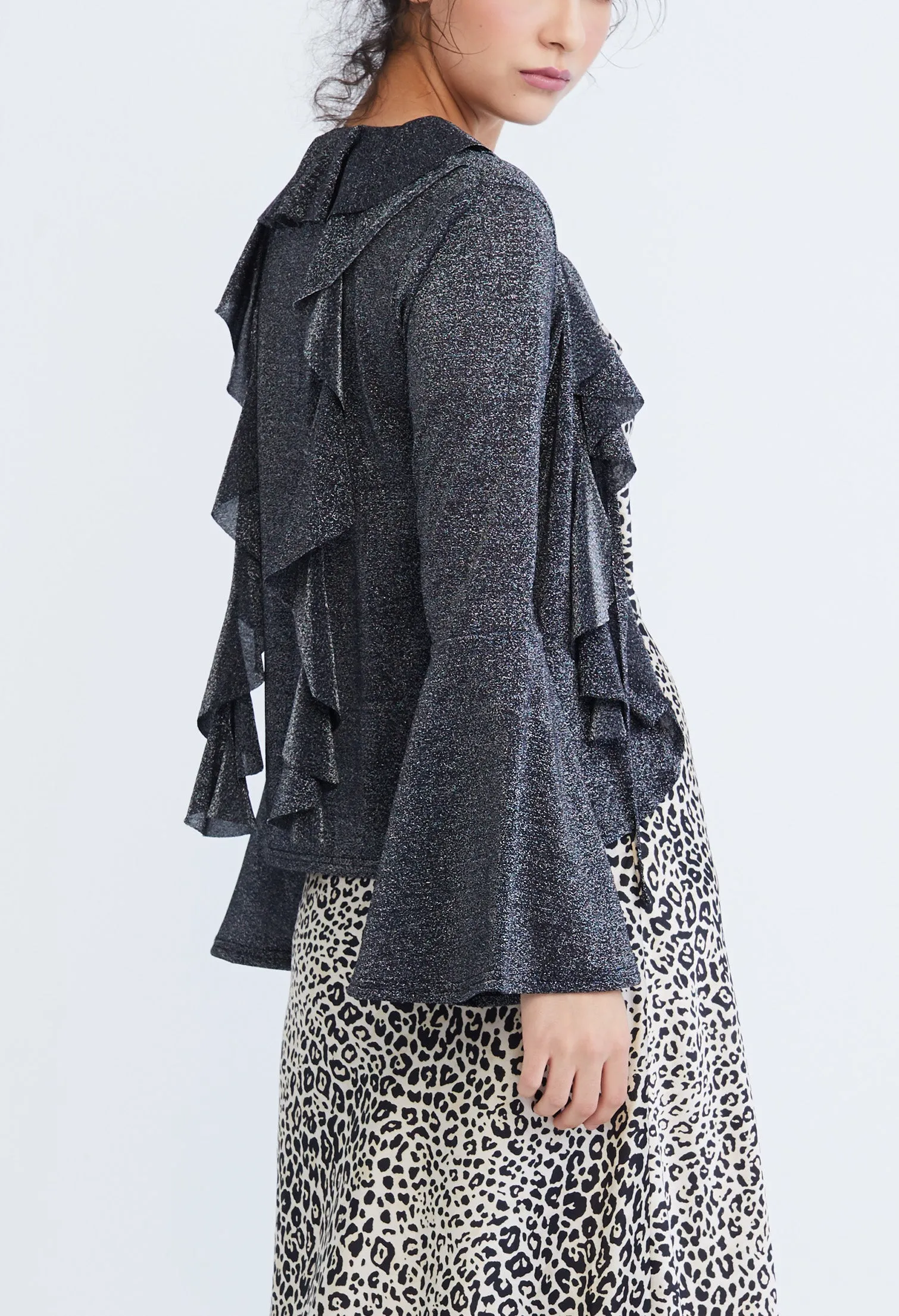 Drop Petal Ruffled Trumpet Sleeve Cardigan