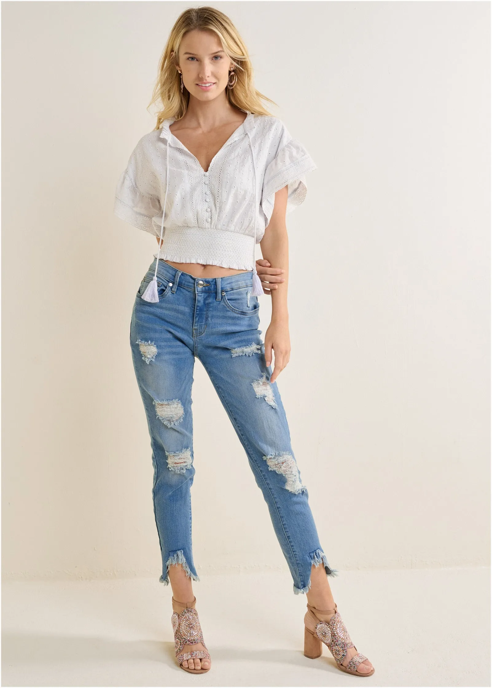 Eyelet Flutter Sleeve Top - Off White