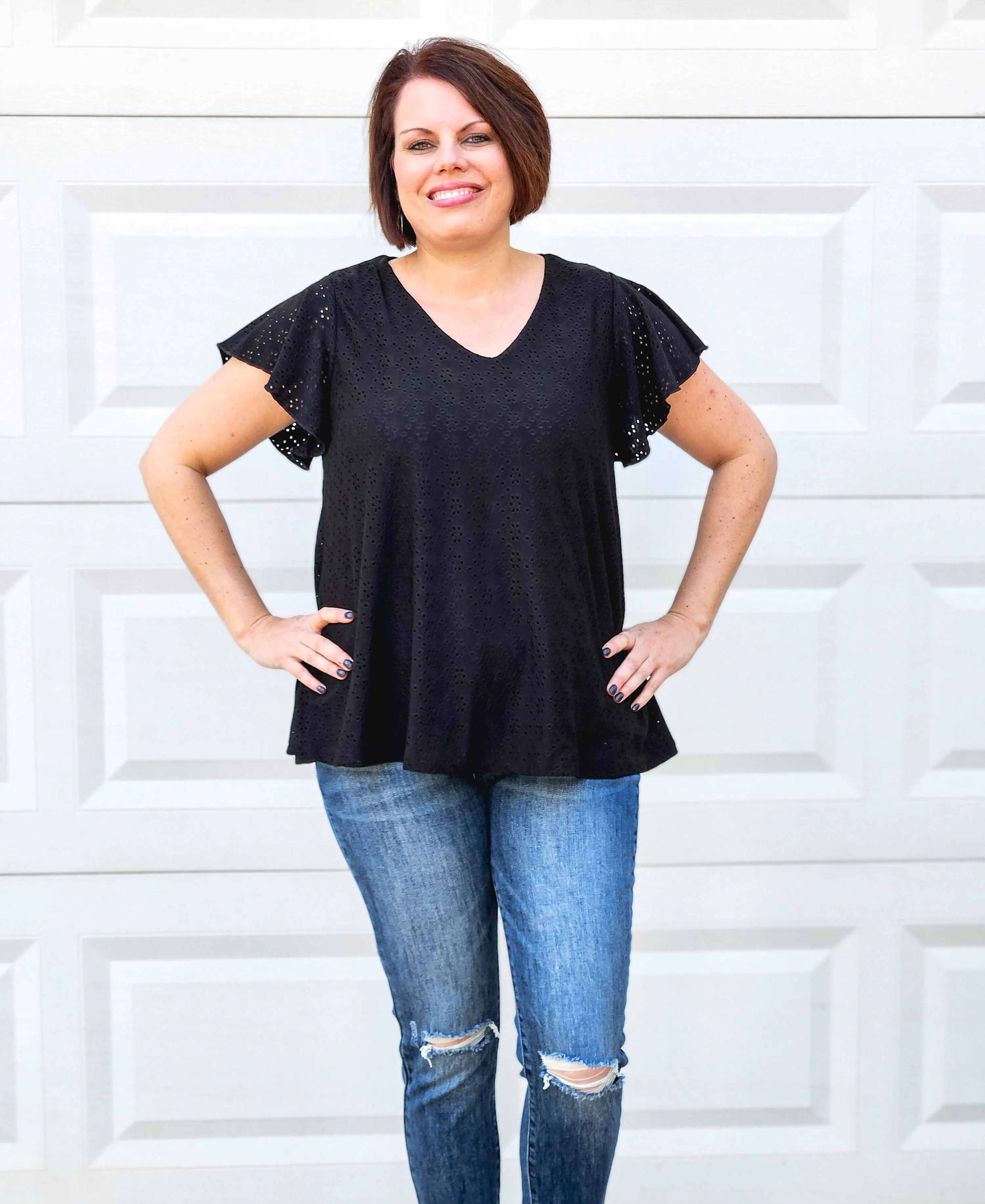 Eyelet Short Sleeved Top in Black