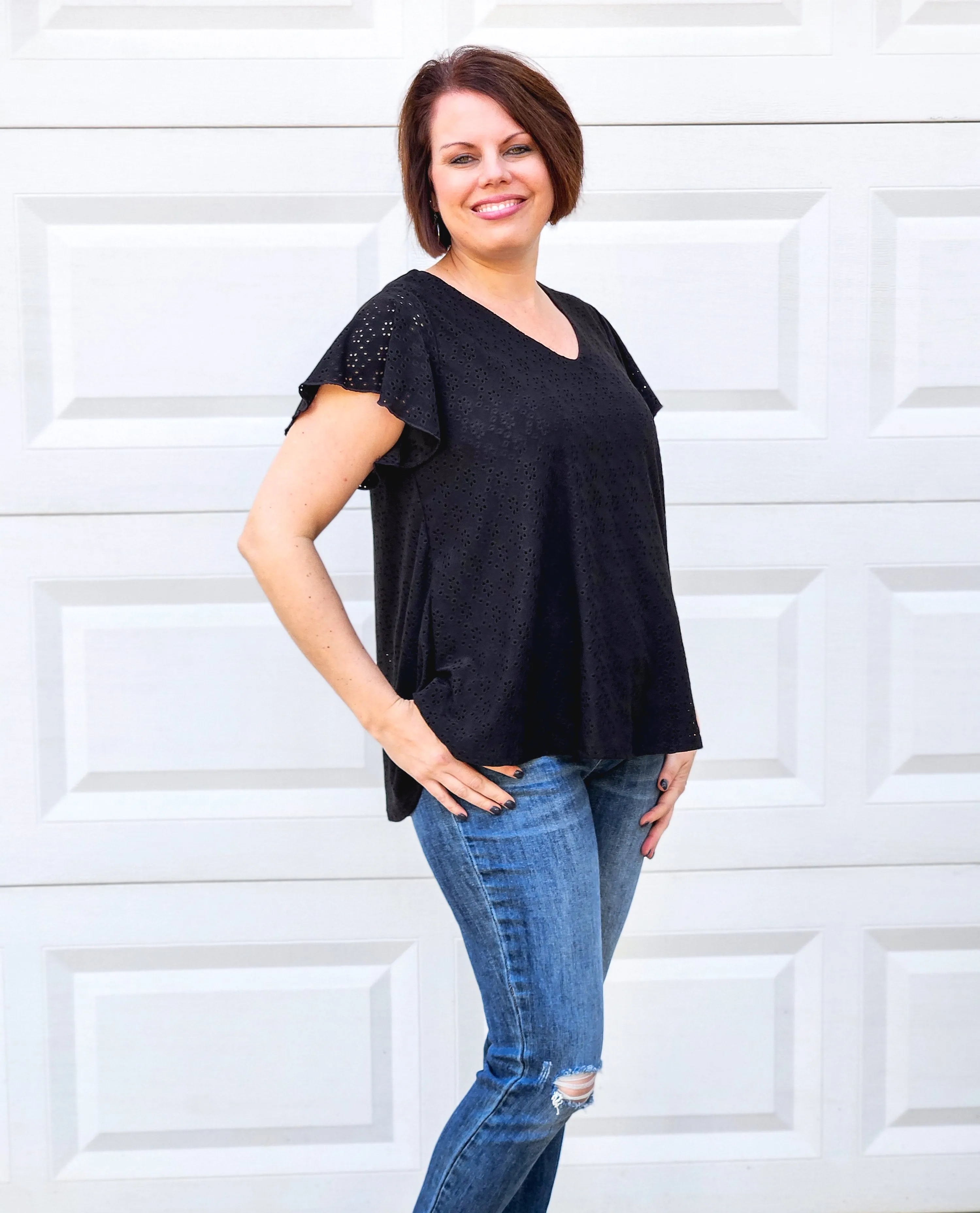 Eyelet Short Sleeved Top in Black