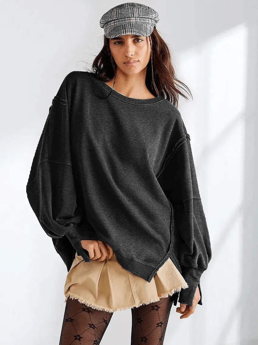 Fashion Solid Color Drop Shoulder Loose Sweatshirt for Women - SF1582