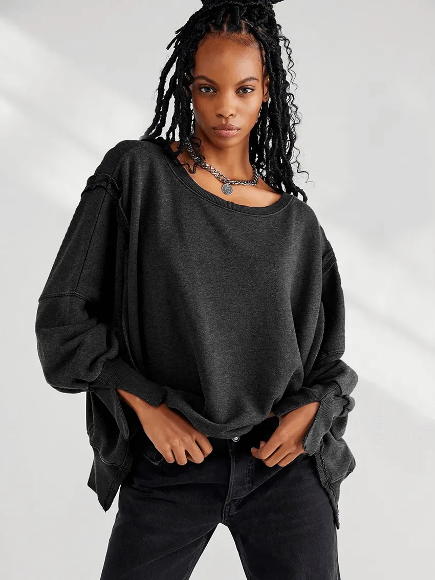 Fashion Solid Color Drop Shoulder Loose Sweatshirt for Women - SF1582