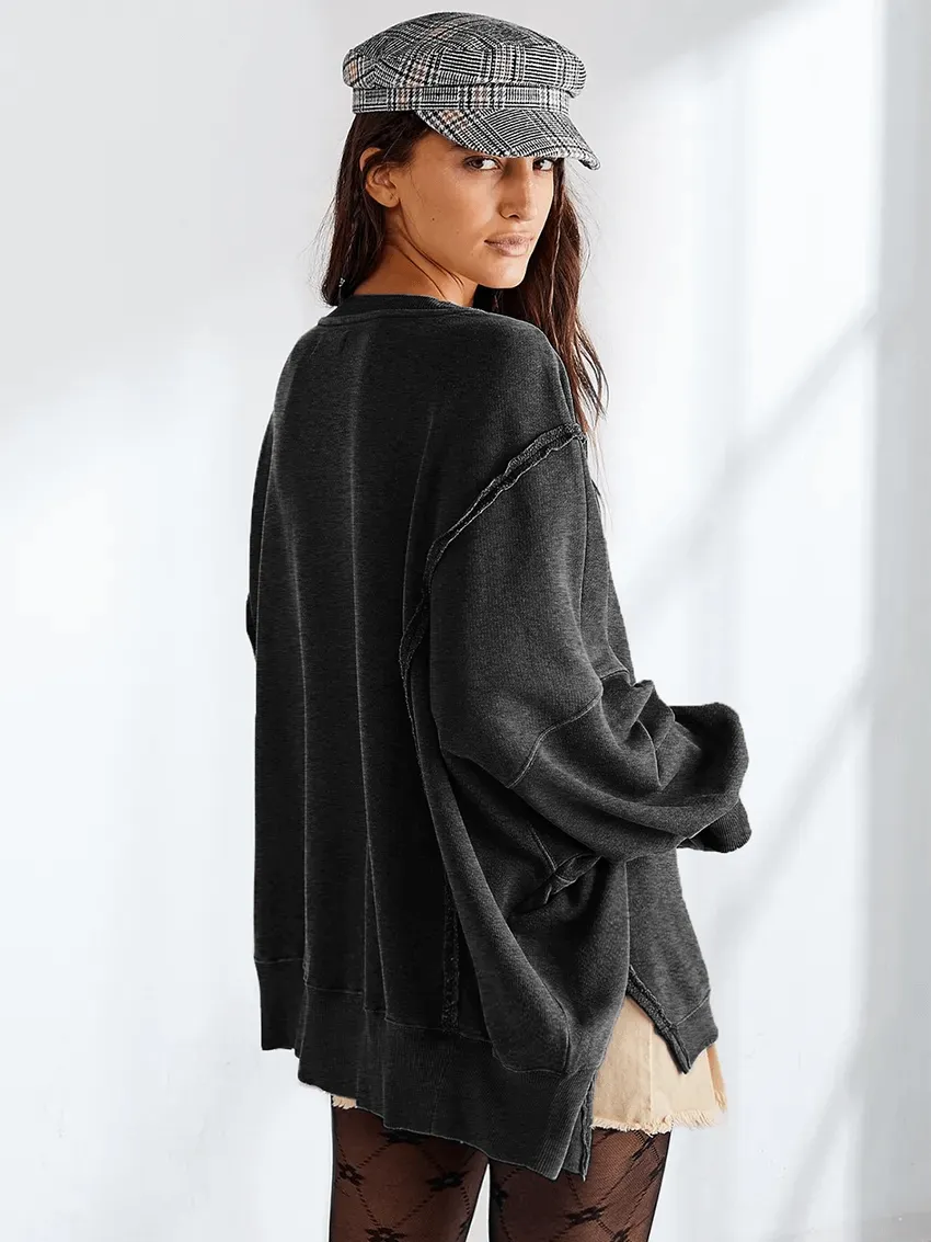 Fashion Solid Color Drop Shoulder Loose Sweatshirt for Women - SF1582