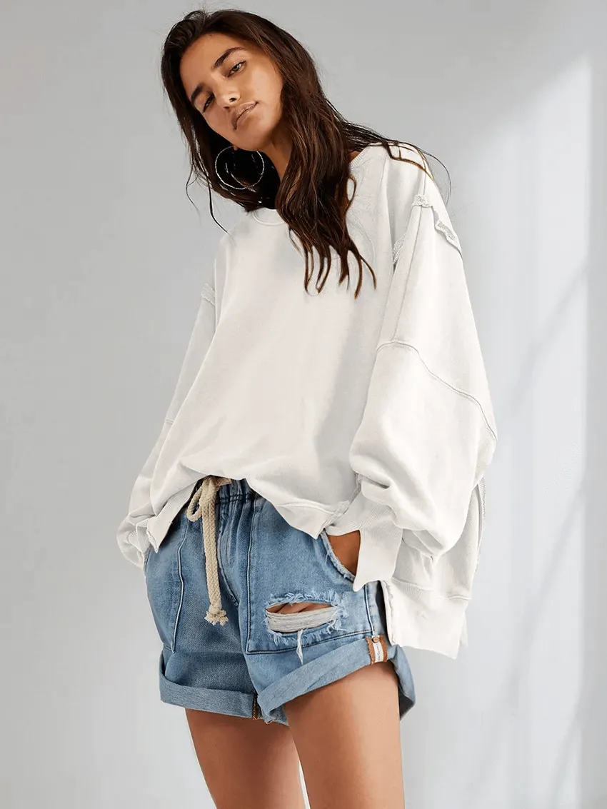 Fashion Solid Color Drop Shoulder Loose Sweatshirt for Women - SF1582