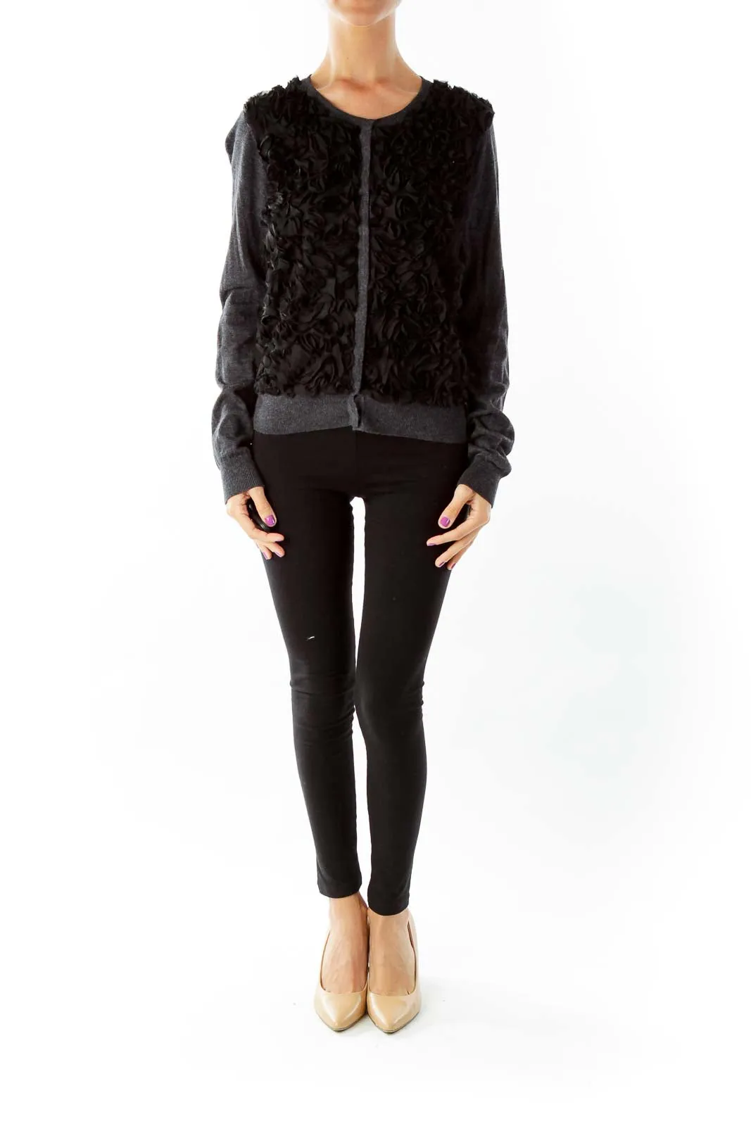Gray Black Ruffled Cardigan