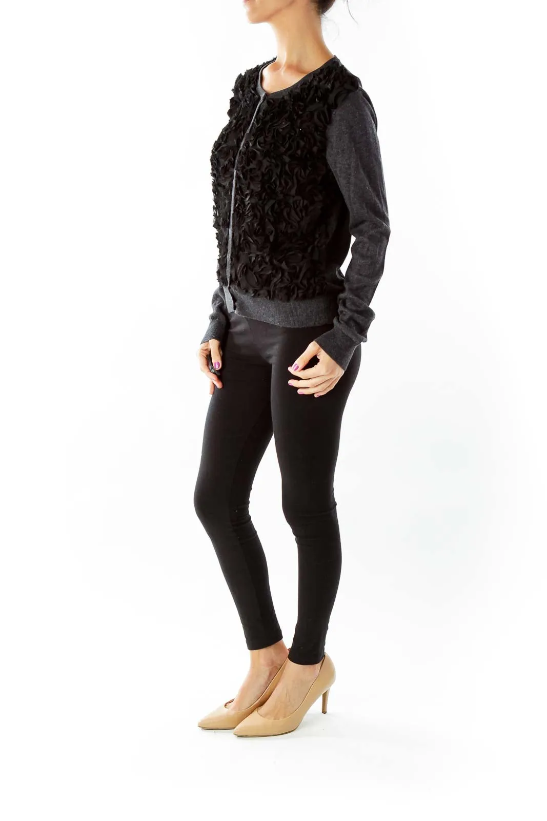 Gray Black Ruffled Cardigan