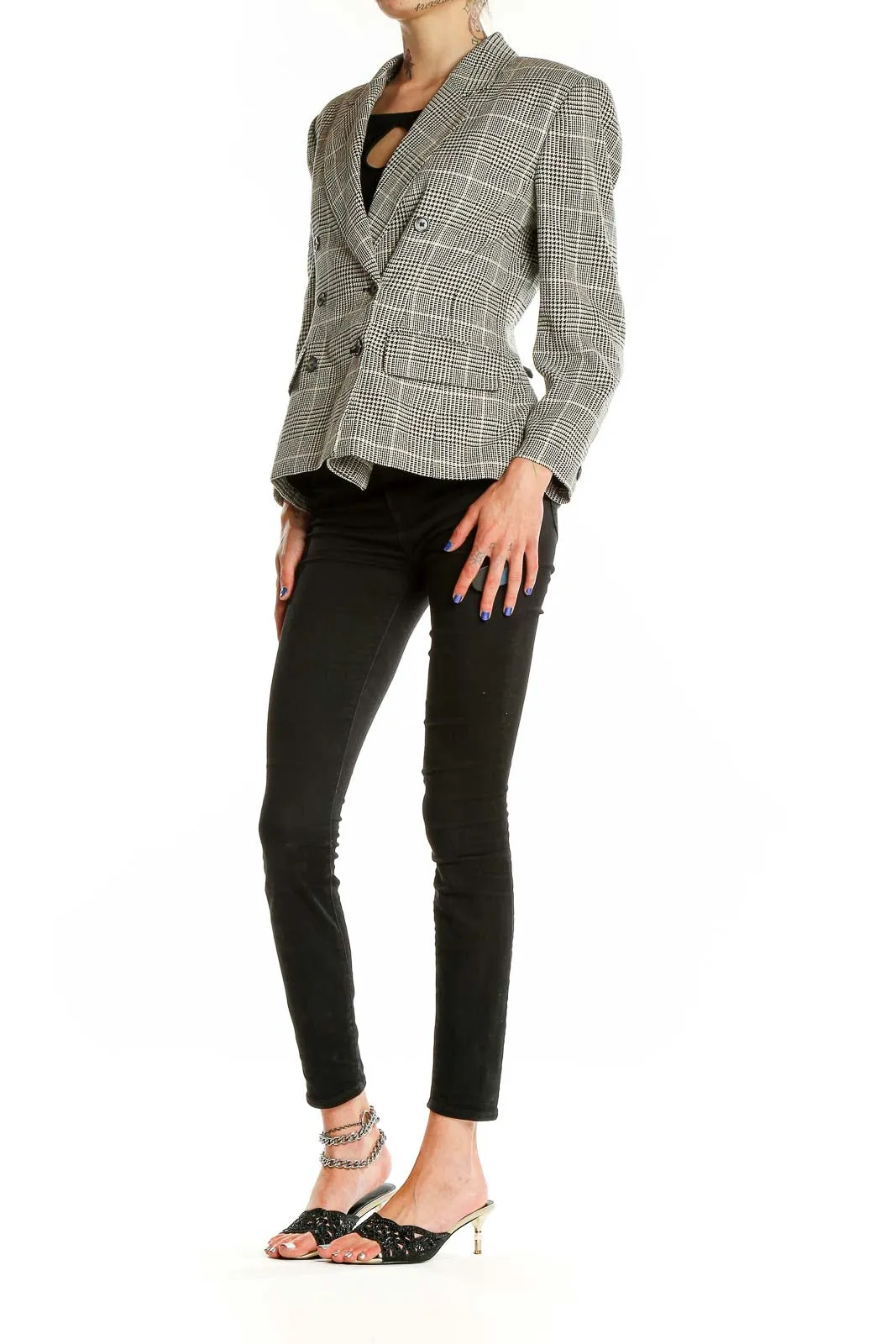 Gray Plaid Double-Breasted Blazer