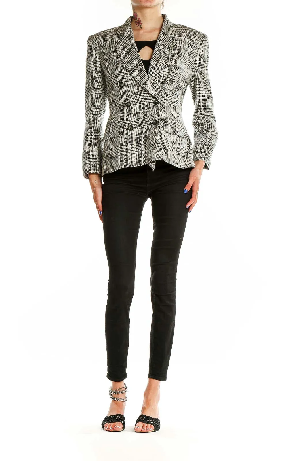 Gray Plaid Double-Breasted Blazer