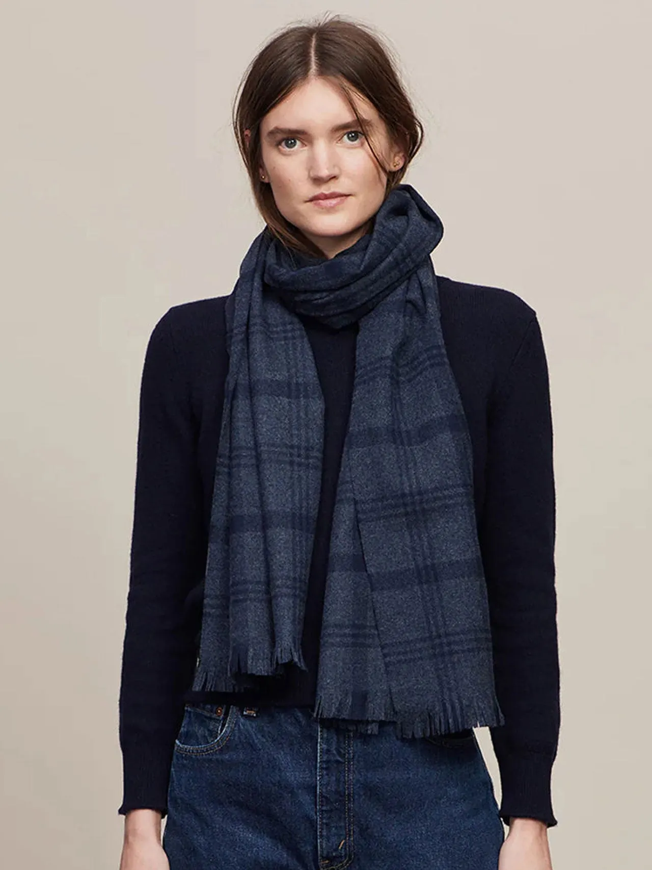 Joshua Ellis Navy Blue Escorial Featherweight Plaid Scarf