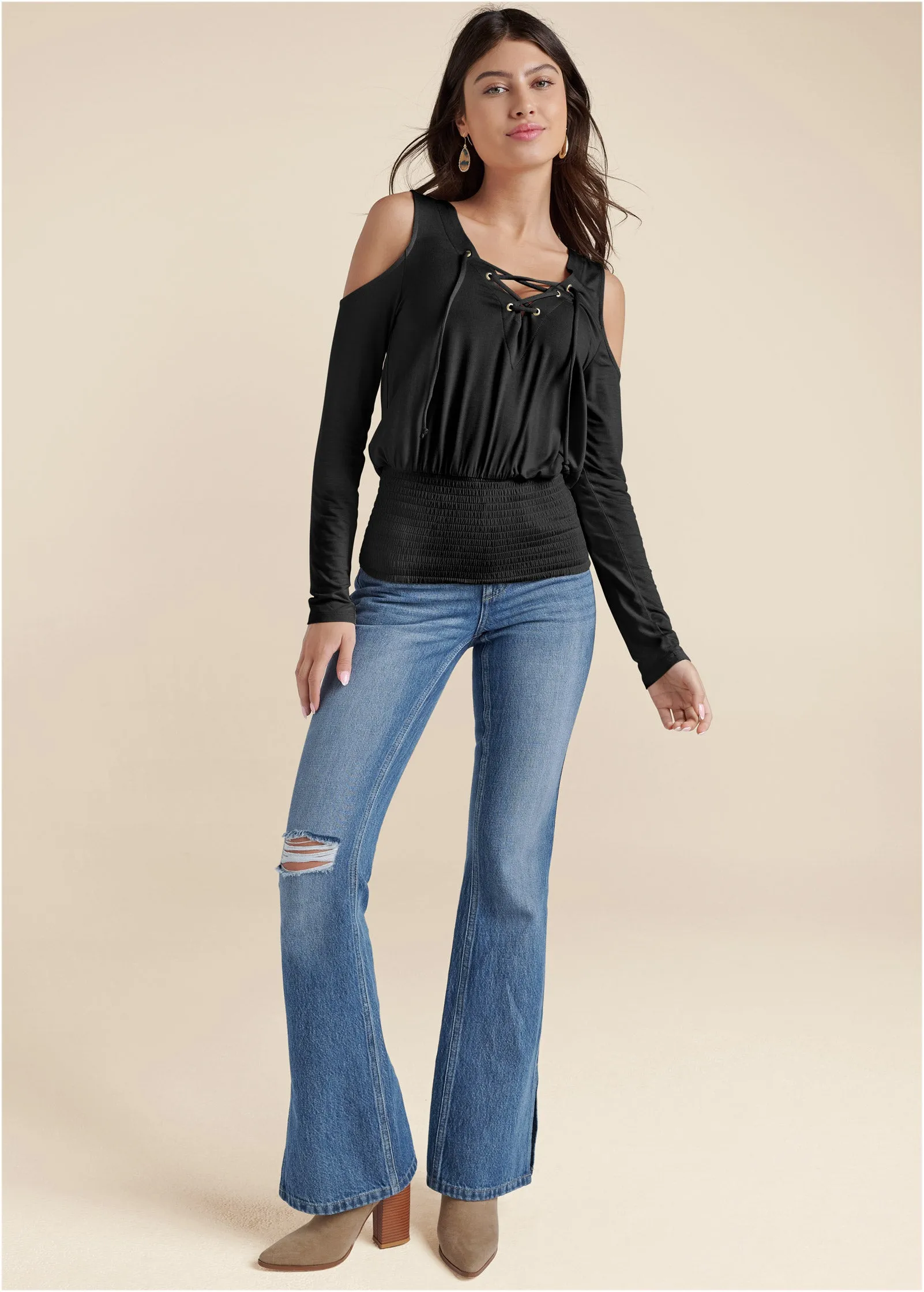 Lace-Up Cold-Shoulder Top - Black