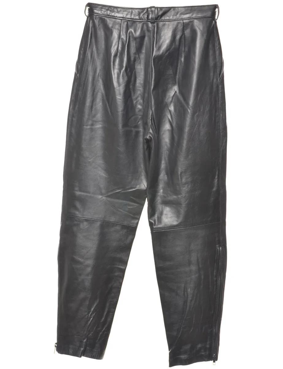 Leather Black  High Waisted Pleated Trousers - W27 L27