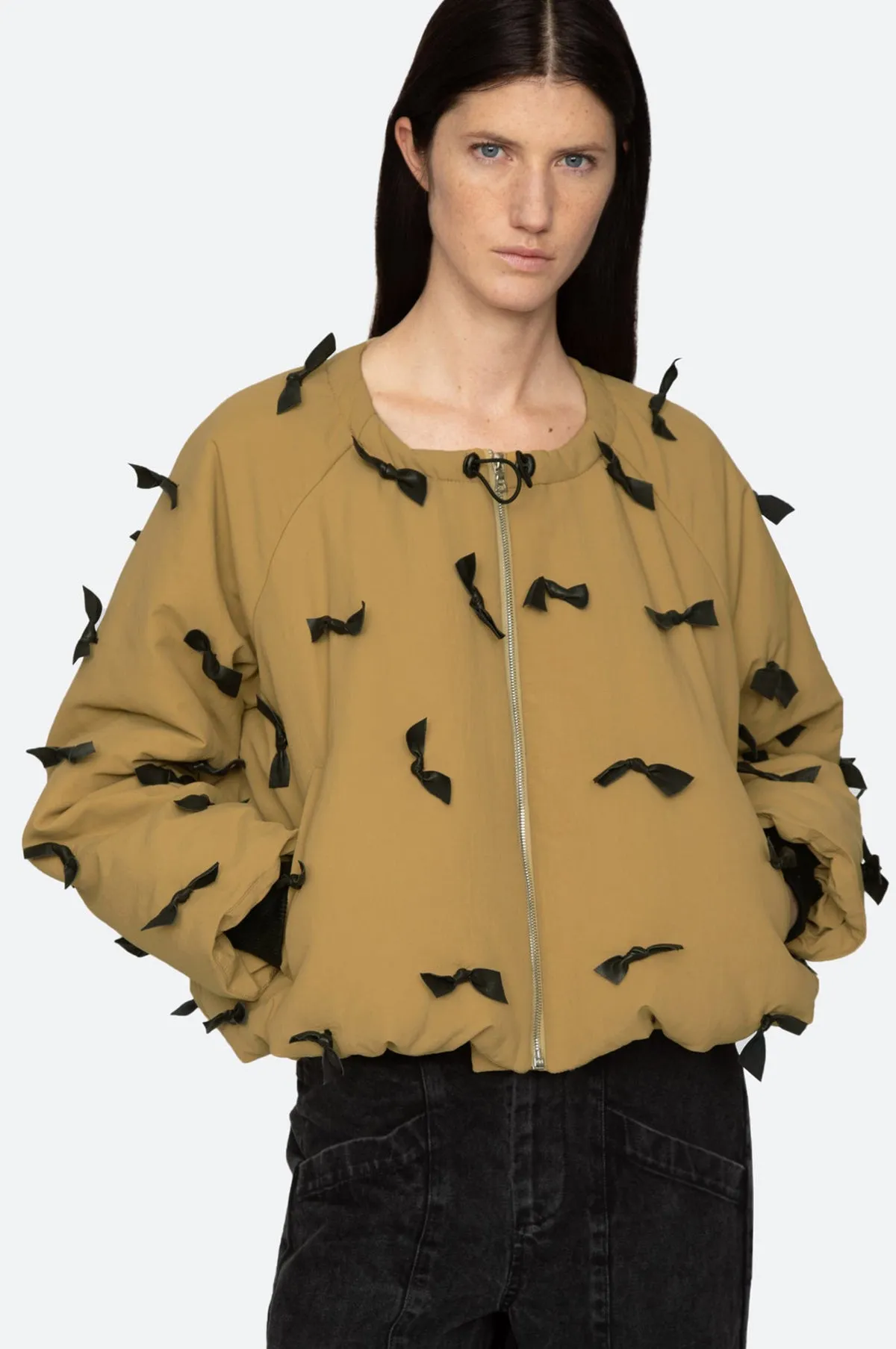 Lucienne Leather Bow Tie L/Slv Jacket Khaki