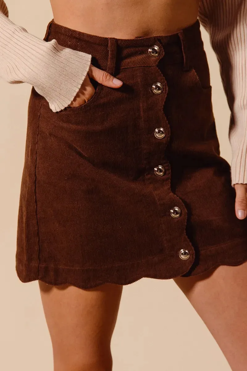 Mocha Scallop Buttoned Corduroy Mini Skirt