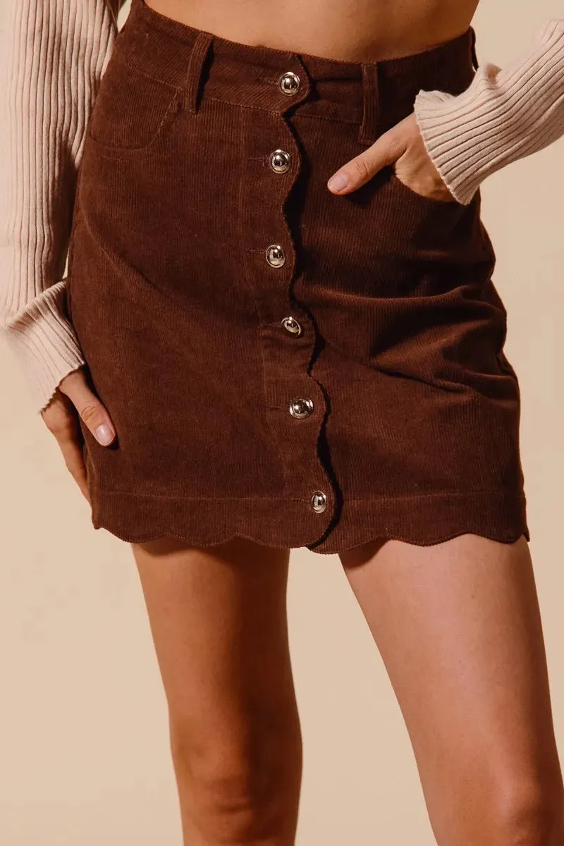 Mocha Scallop Buttoned Corduroy Mini Skirt
