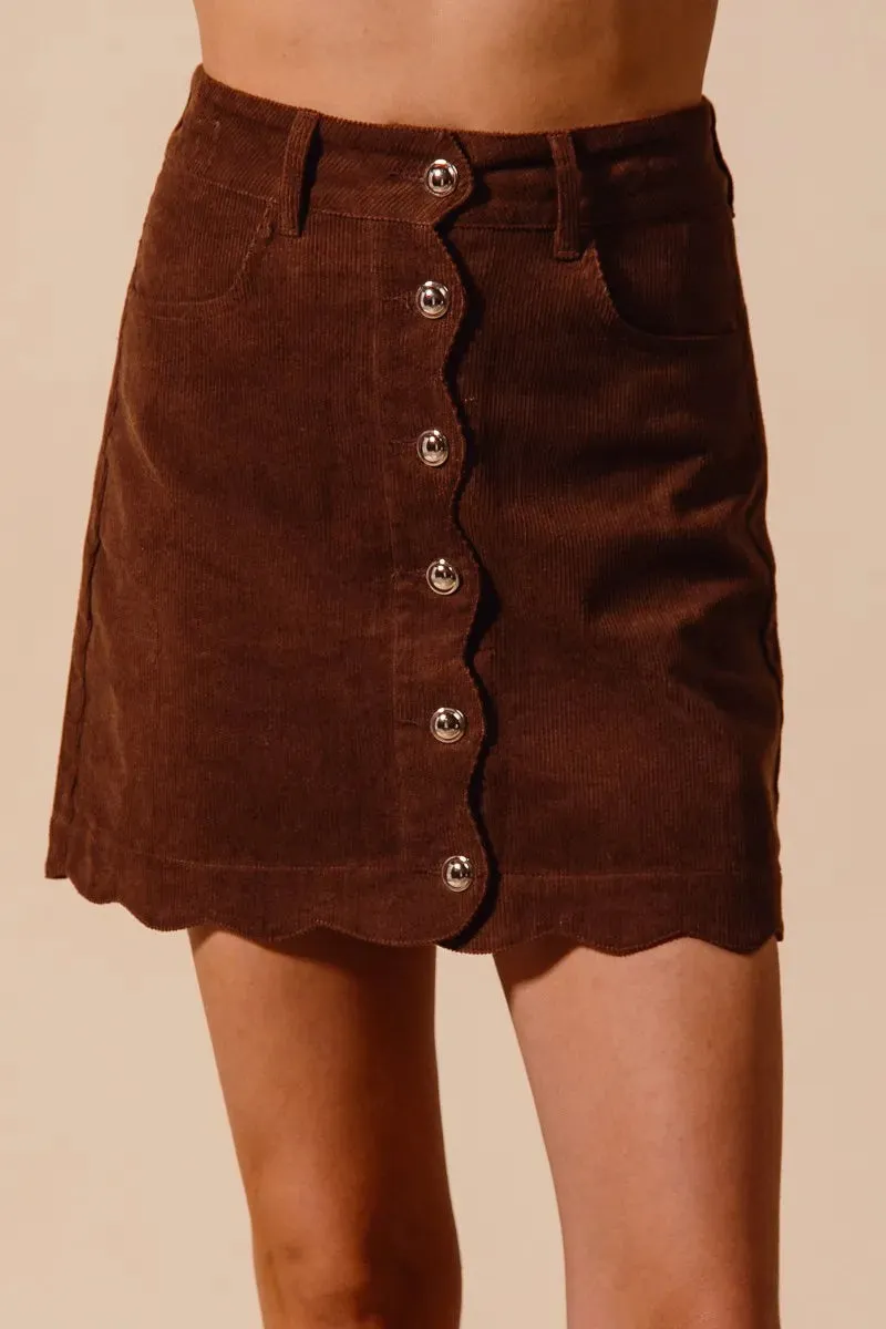 Mocha Scallop Buttoned Corduroy Mini Skirt