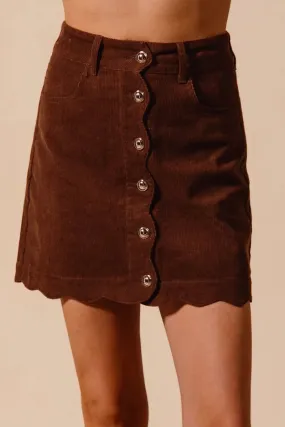 Mocha Scallop Buttoned Corduroy Mini Skirt