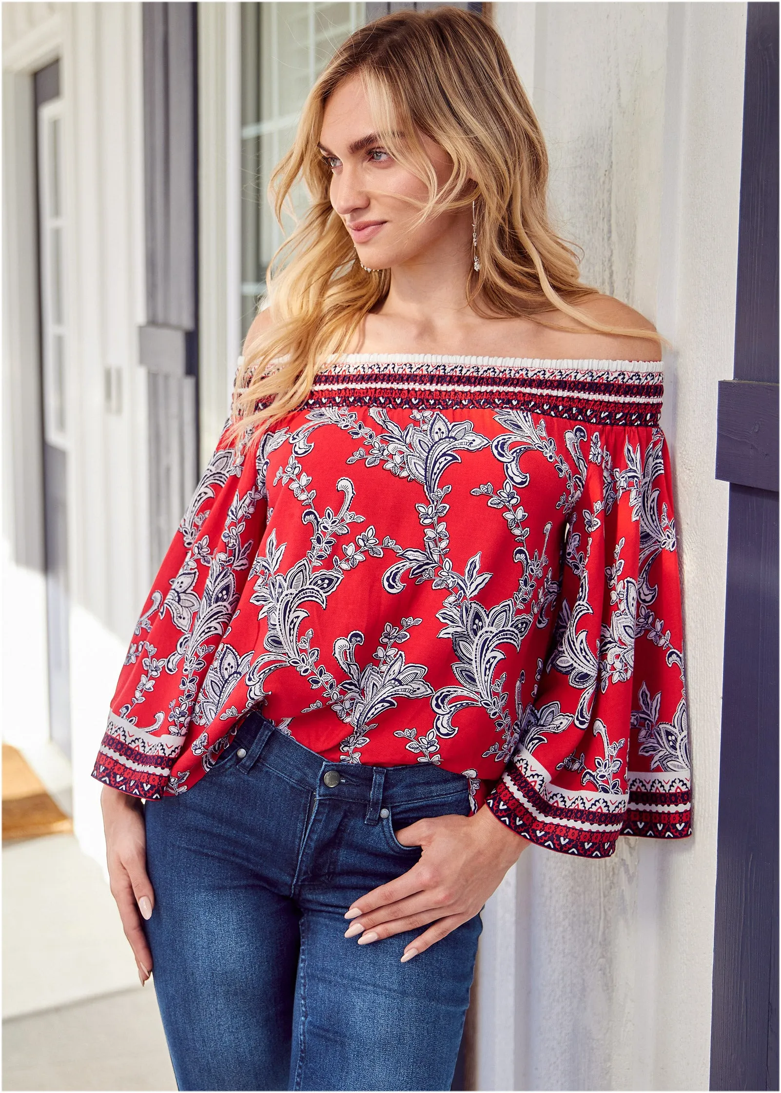 Off-The-Shoulder Paisley Print Top - Red And Blue
