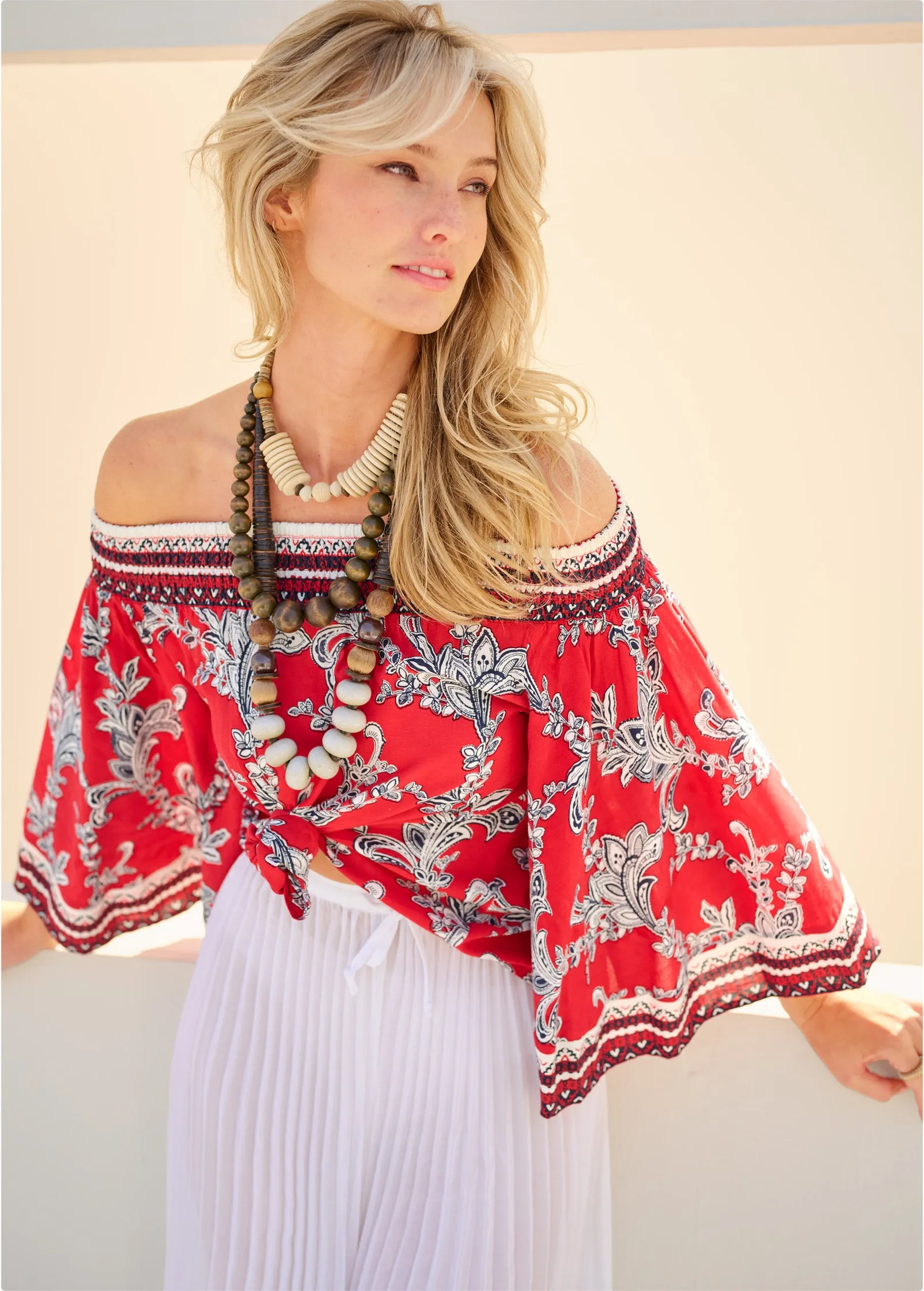 Off-The-Shoulder Paisley Print Top - Red And Blue
