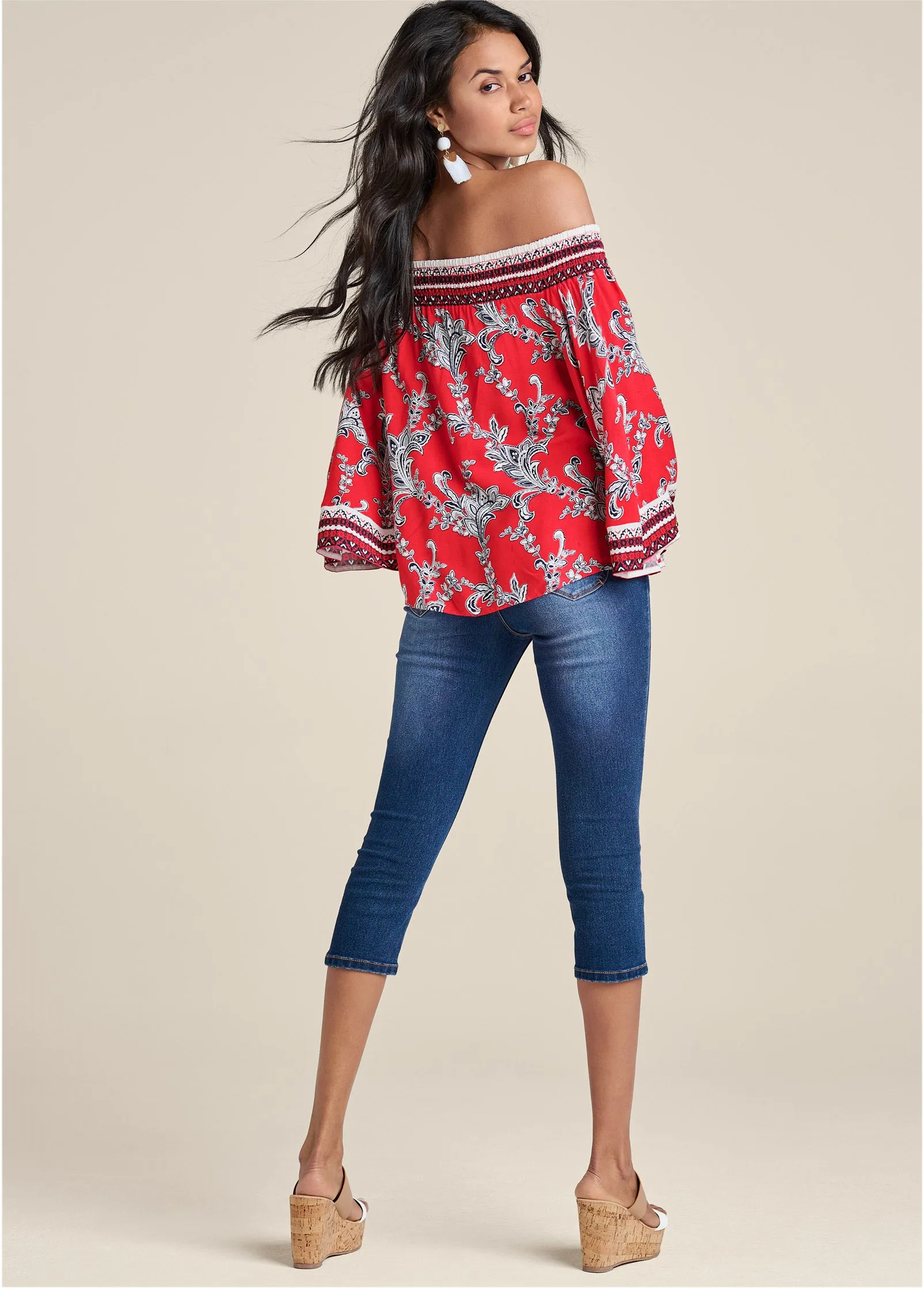 Off-The-Shoulder Paisley Print Top - Red And Blue