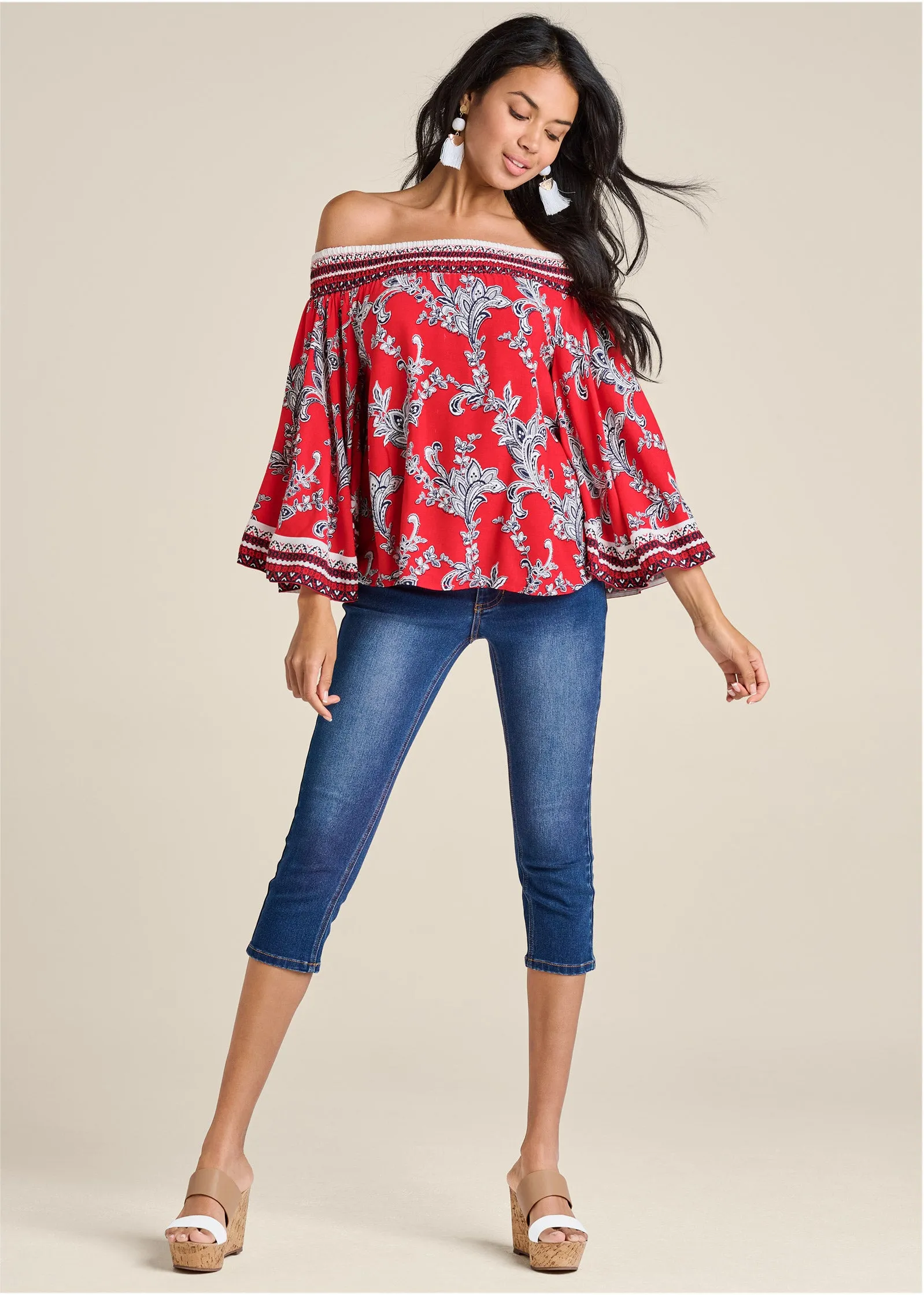 Off-The-Shoulder Paisley Print Top - Red And Blue