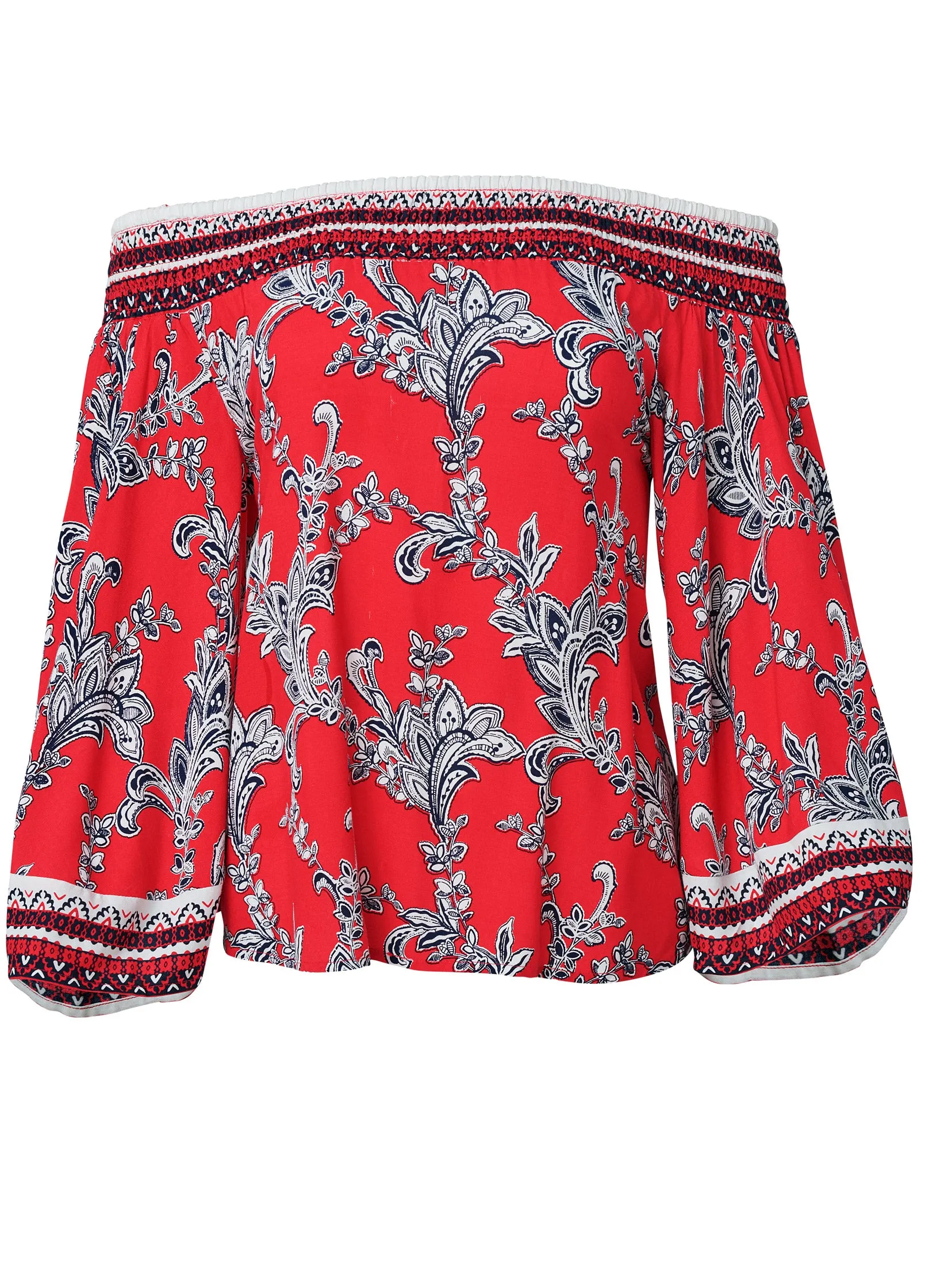 Off-The-Shoulder Paisley Print Top - Red And Blue
