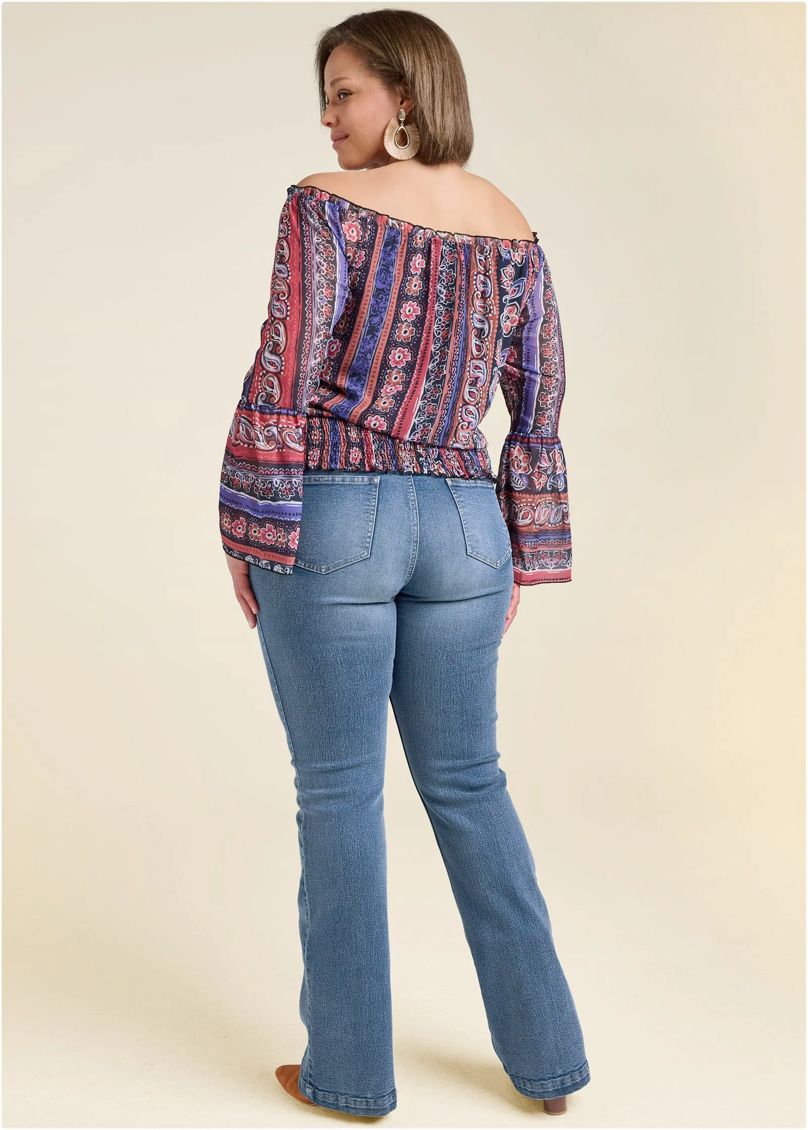Off-The-Shoulder Print Top - Orange Multi