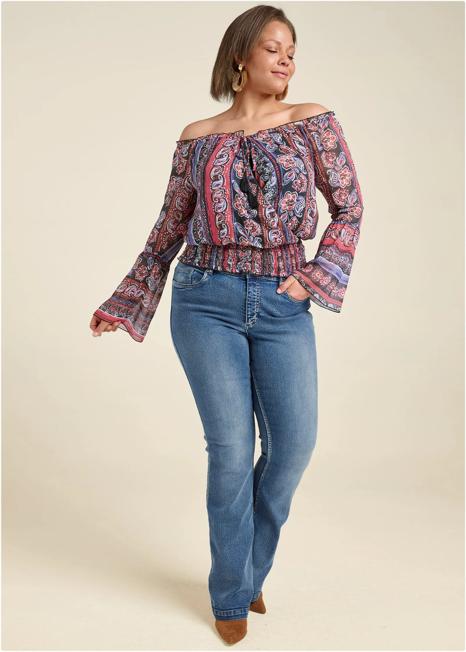 Off-The-Shoulder Print Top - Orange Multi