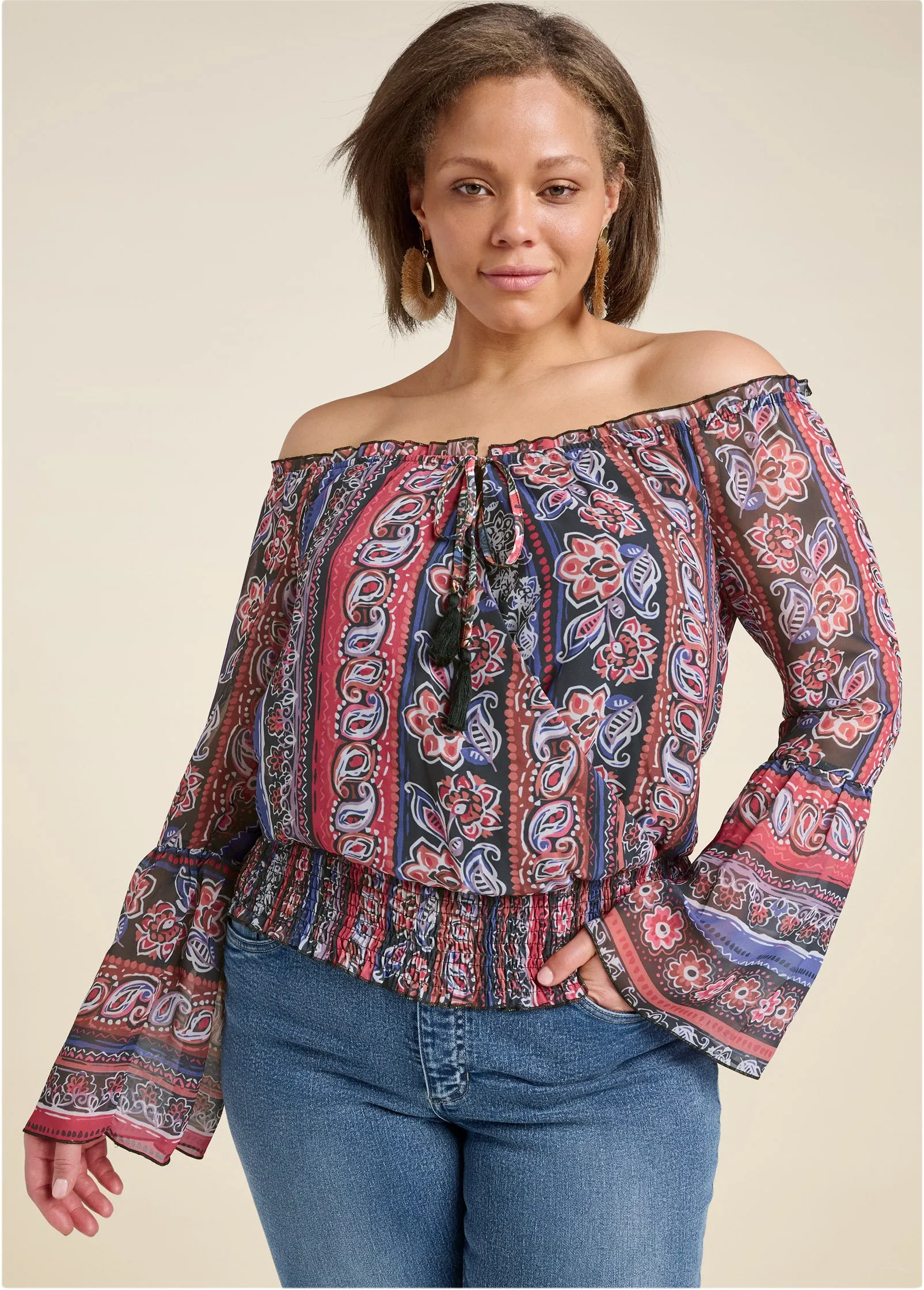 Off-The-Shoulder Print Top - Orange Multi