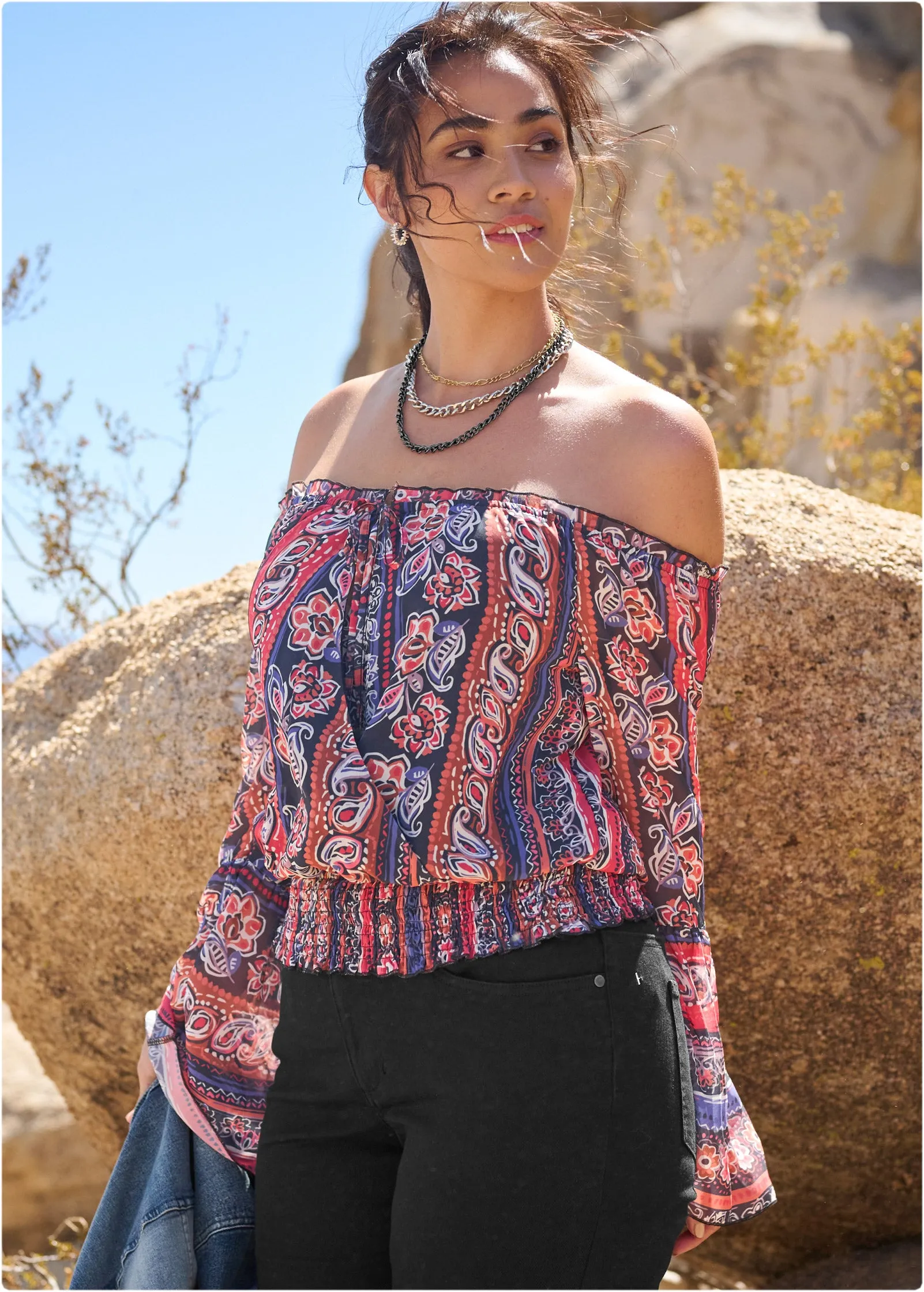 Off-The-Shoulder Print Top - Orange Multi