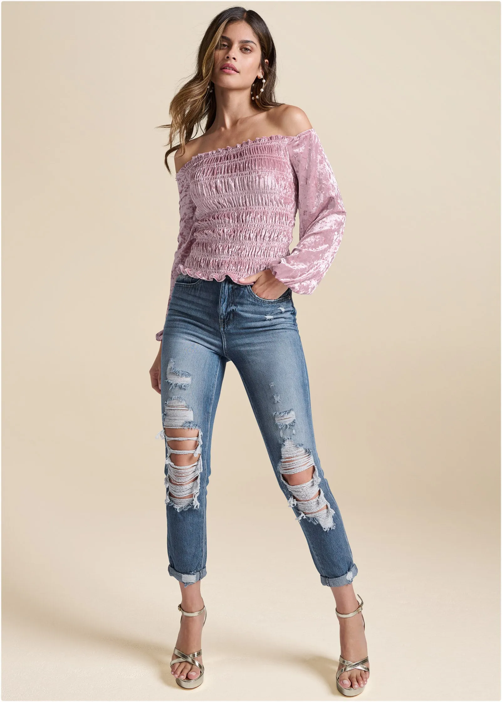 Off-The-Shoulder Velvet Top - Pink
