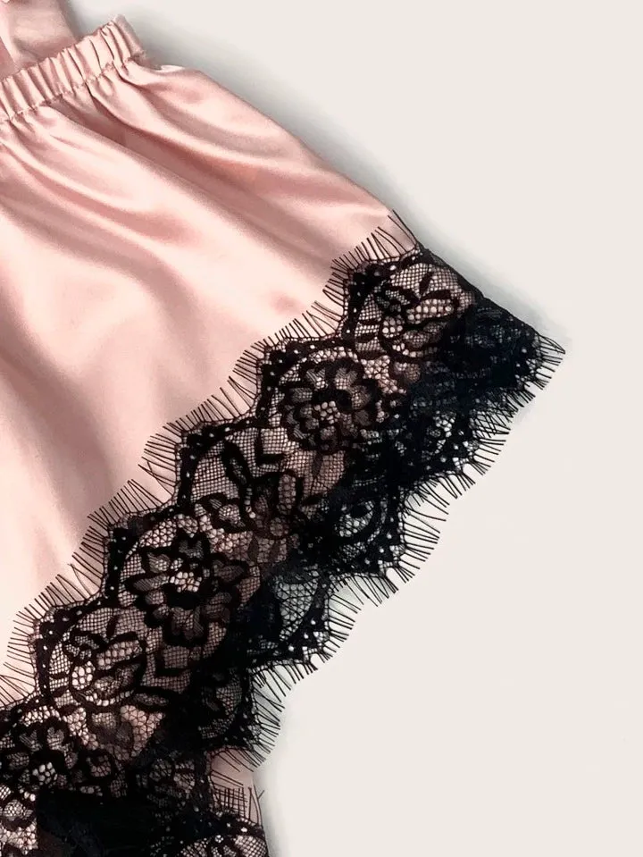 Pink Lace Lingerie Sexy Sleepwear With Silk Belted Robe
