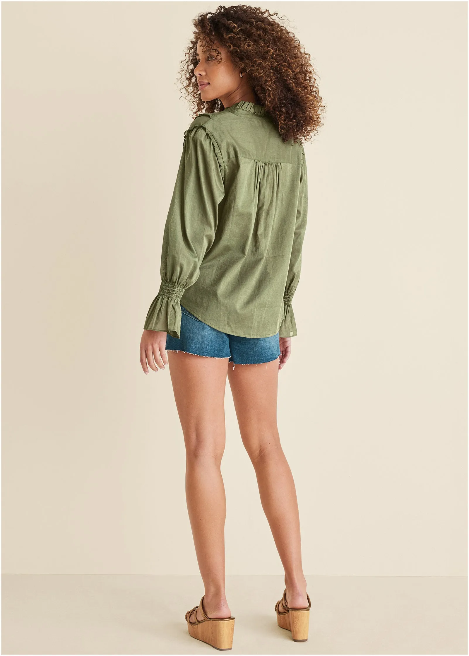 Ruffle Button-Front Top - Olive