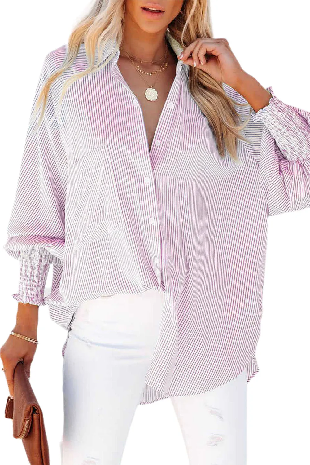 Smocked Cuffed Striped Boyfriend Shirt with Pocket